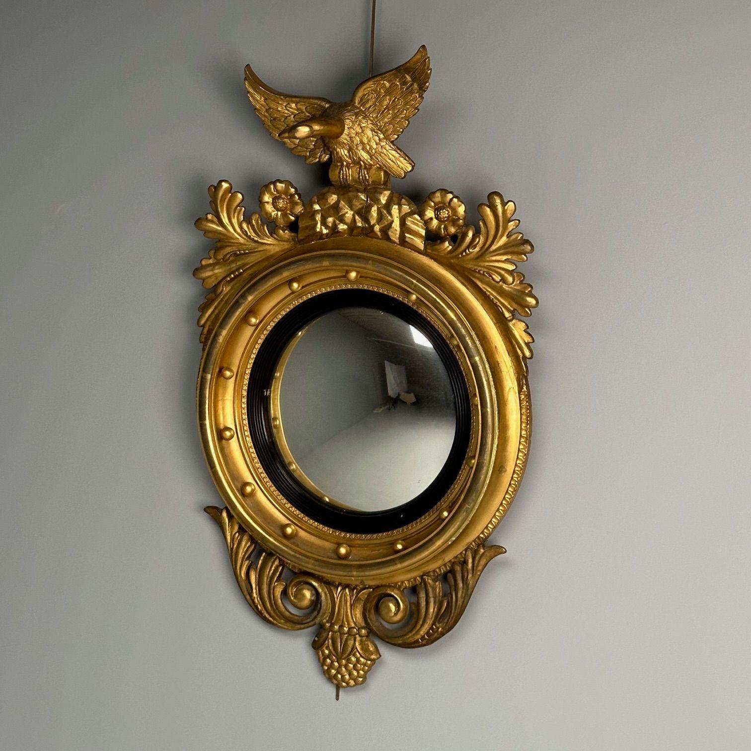 Regency, Circular Convex Wall Mirror, Giltwood, Eagle Motif, USA, 1950s In Good Condition For Sale In Stamford, CT