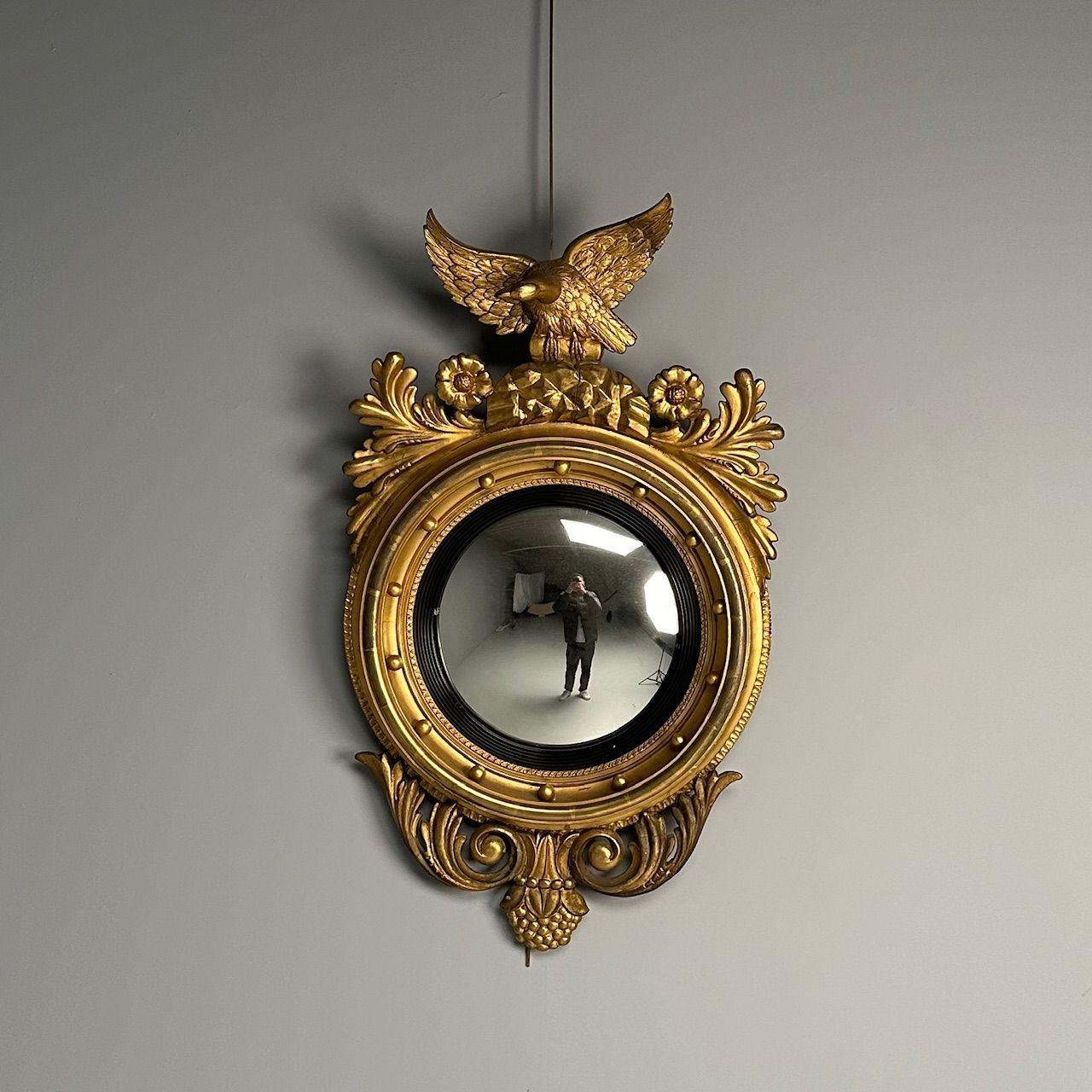 20th Century Regency, Circular Convex Wall Mirror, Giltwood, Eagle Motif, USA, 1950s For Sale