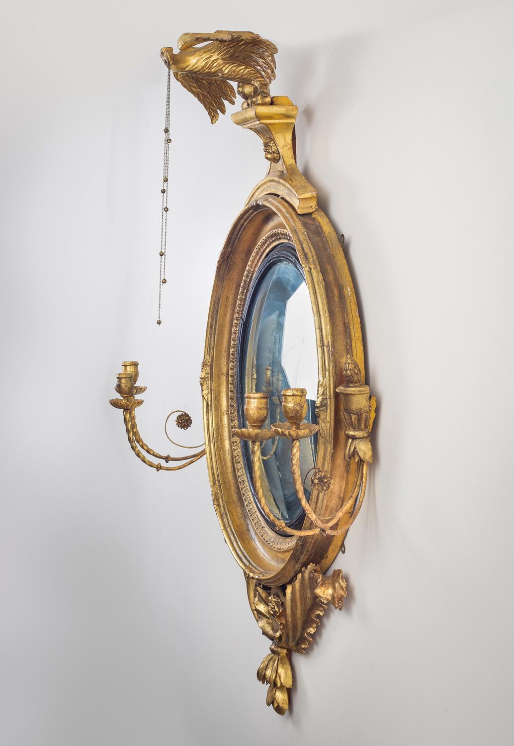 English Regency Classical Gilt Convex Girandole Mirror For Sale