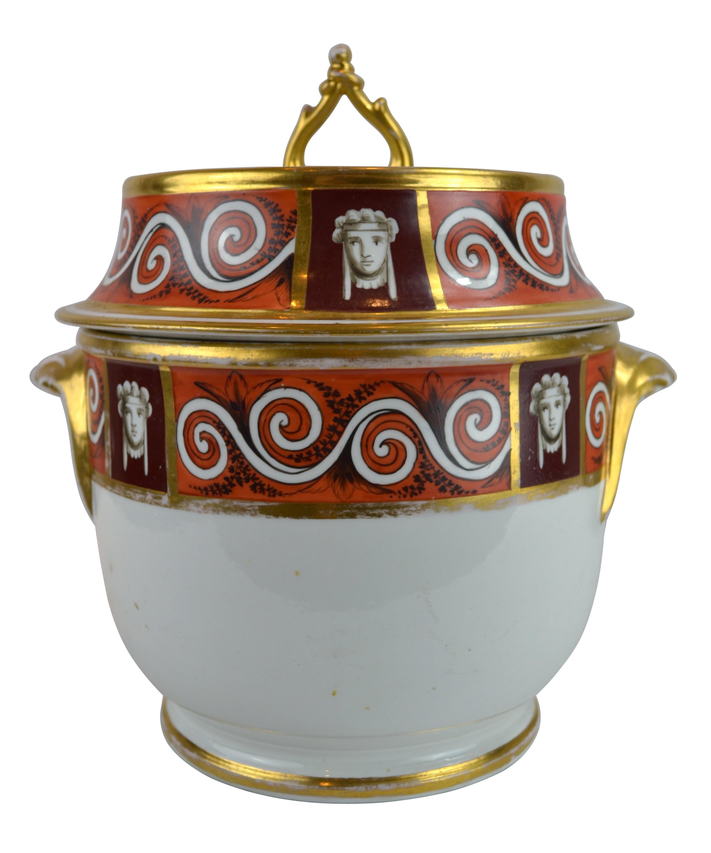 Early 19th century English Caolport fruit cooler complete with lid and a matching sauce turreen with lid and saucer with classical decoration, mythological heads, scrolls, etruscan colouring etc. All pieces are intact with no cracks chips or repair