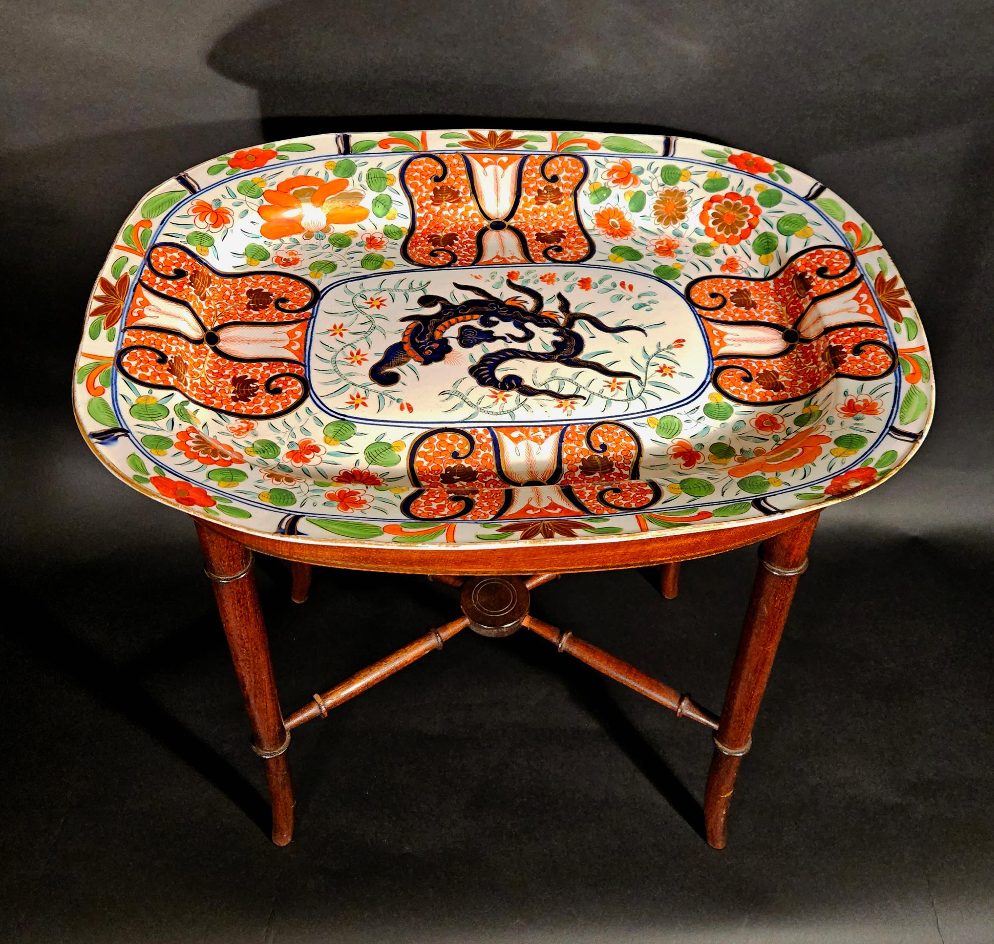 Regency Coalport “Imari Dragon” Porcelain Dish Mounted as Cocktail Table For Sale 9