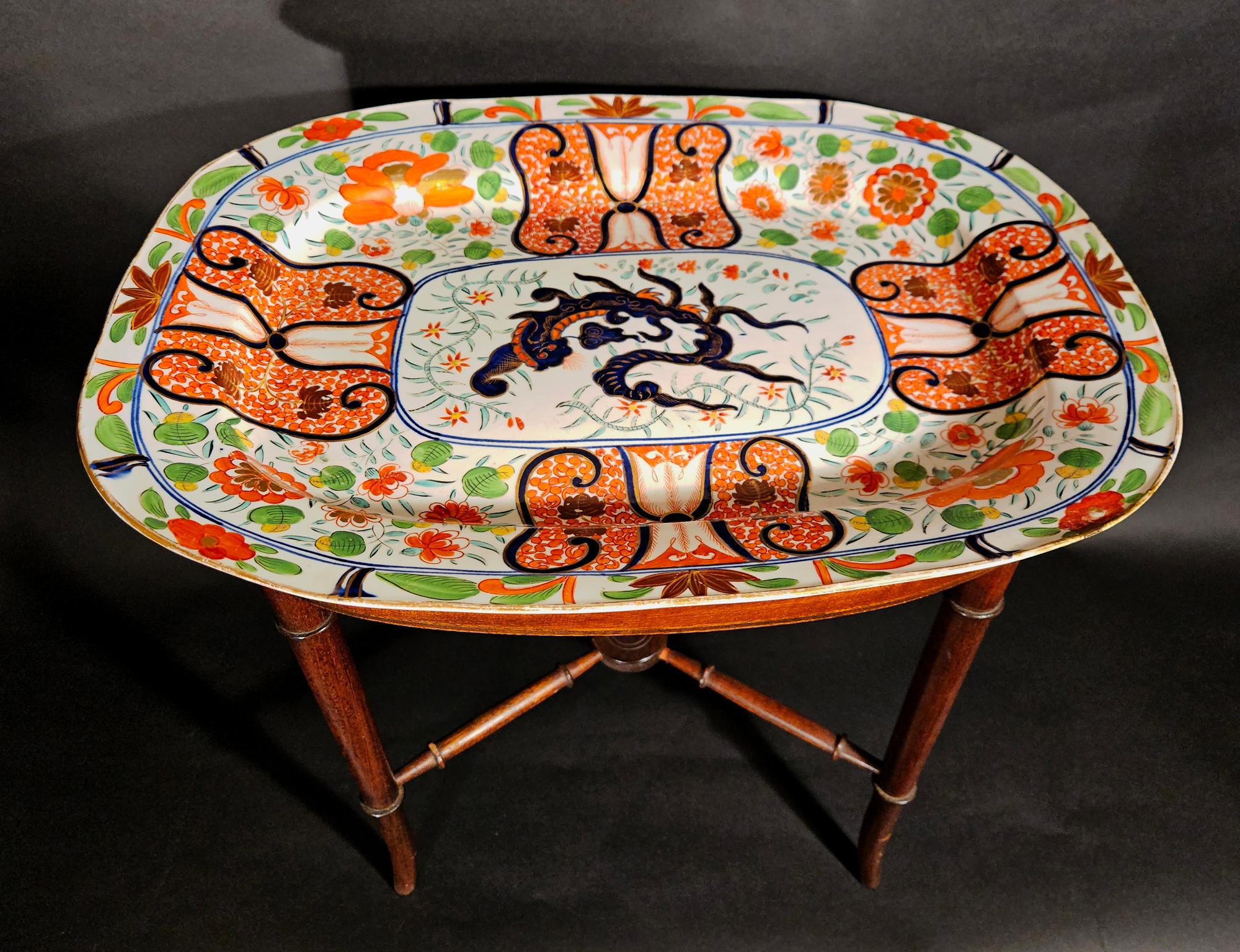 English Regency Coalport “Imari Dragon” Porcelain Dish Mounted as Cocktail Table For Sale