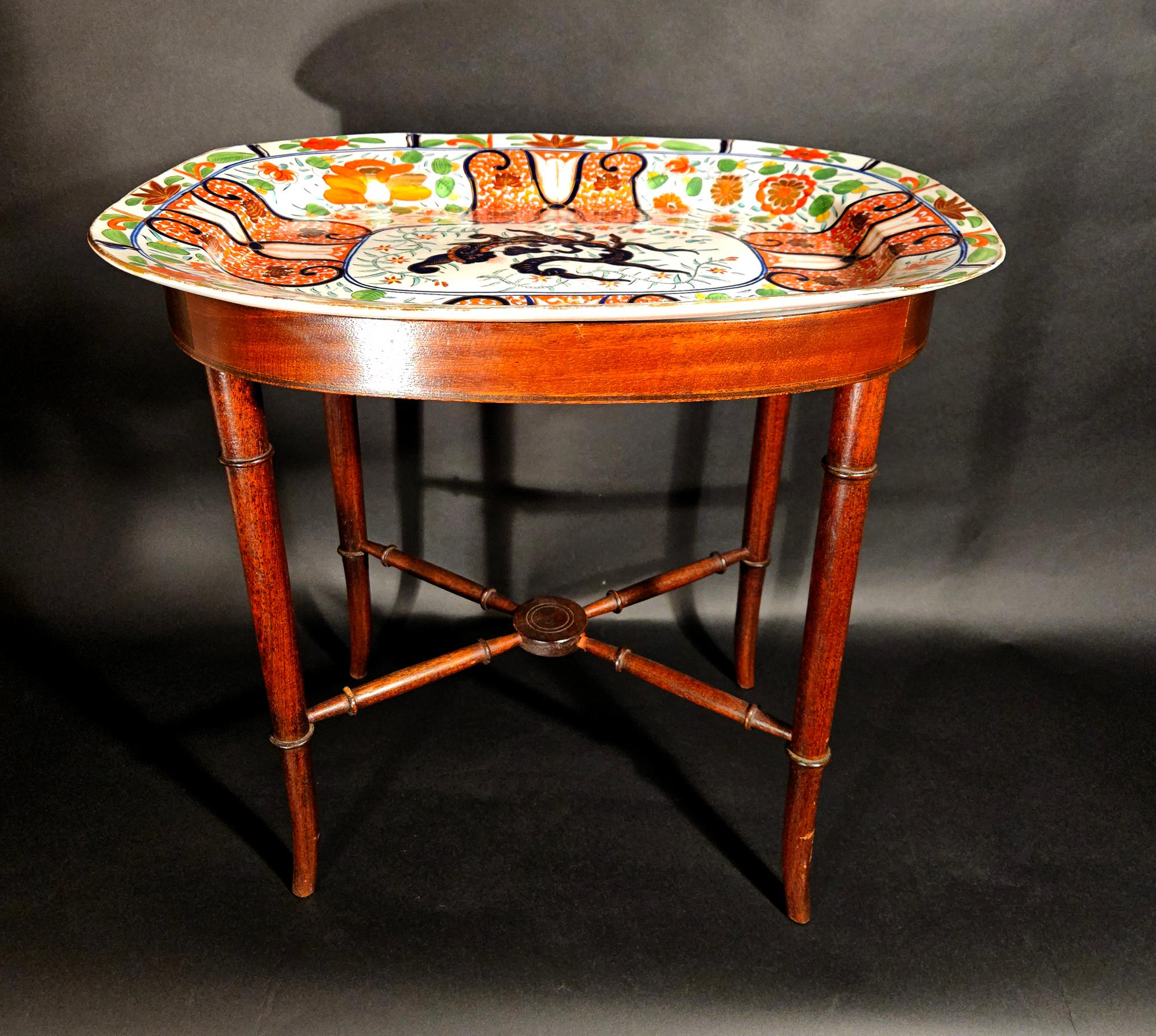 Regency Coalport “Imari Dragon” Porcelain Dish Mounted as Cocktail Table In Good Condition For Sale In Downingtown, PA