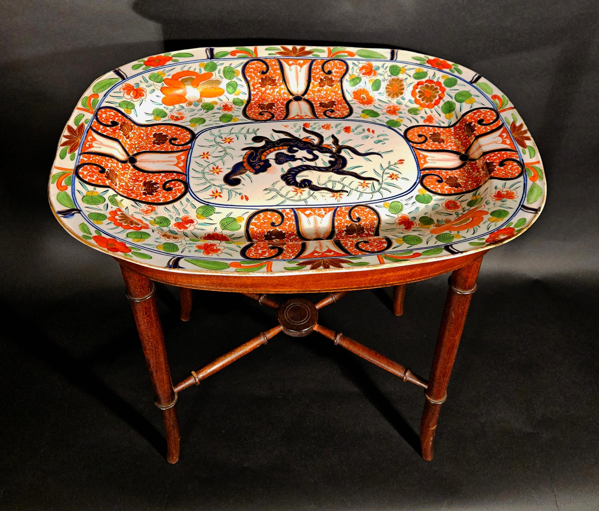 Regency Coalport “Imari Dragon” Porcelain Dish Mounted as Cocktail Table For Sale 1