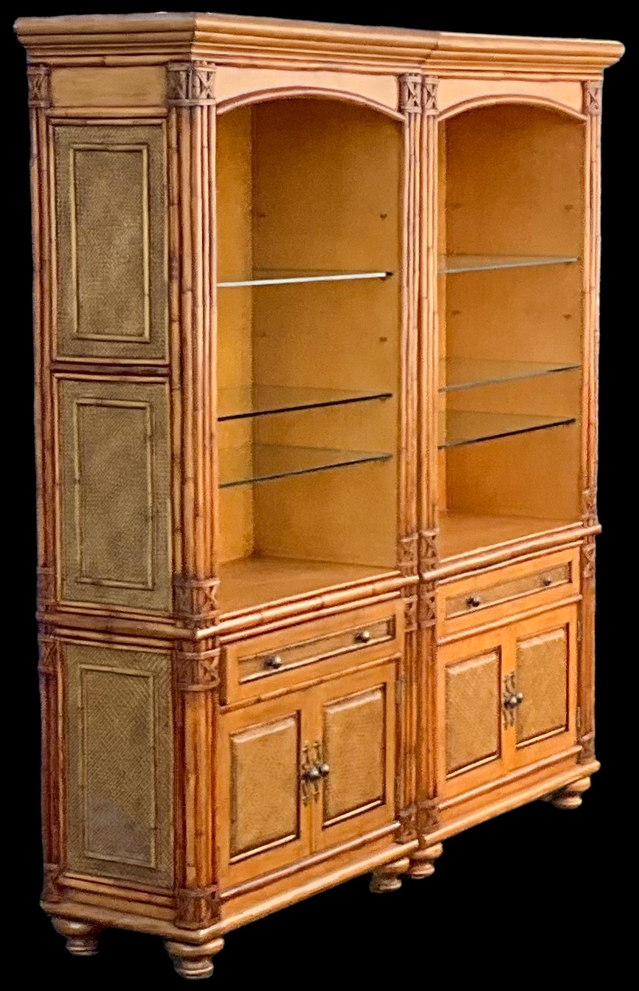 Regency Coastal Style Faux Bamboo Fruitwood Bookcases / Display Cabinets - S/2 For Sale 4