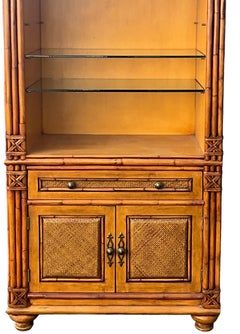 Regency Coastal Style Faux Bamboo Fruitwood Bookcases / Display Cabinets - S/2