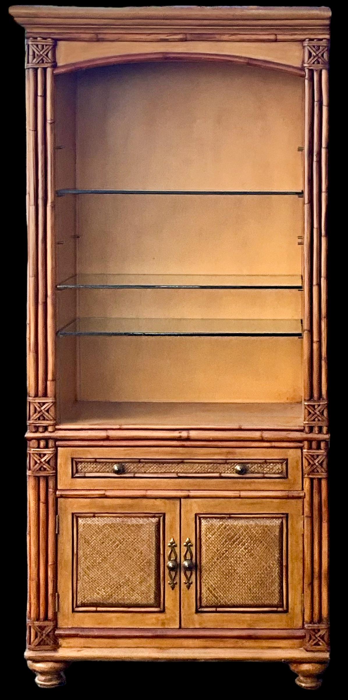 American Regency Coastal Style Faux Bamboo Fruitwood Bookcases / Display Cabinets - S/2 For Sale