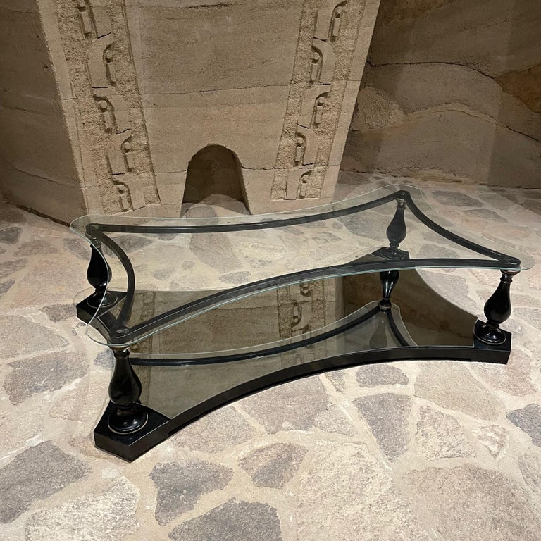 Regency Coffee Table Sculptural Glass Black Iron + Brass Trim Arturo