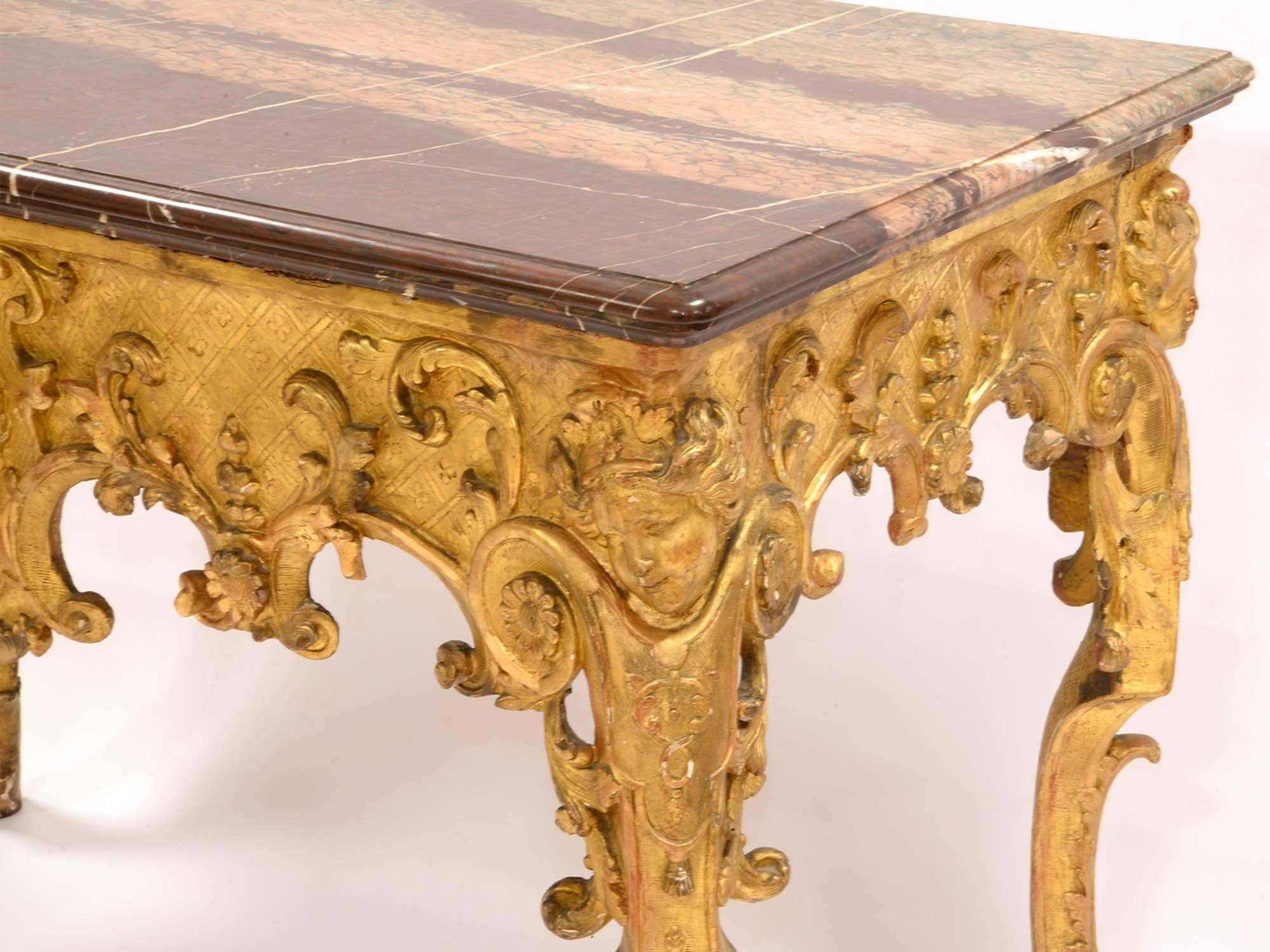 French Regency Console, Louis XV in Gilded Wood and Red Marble For Sale