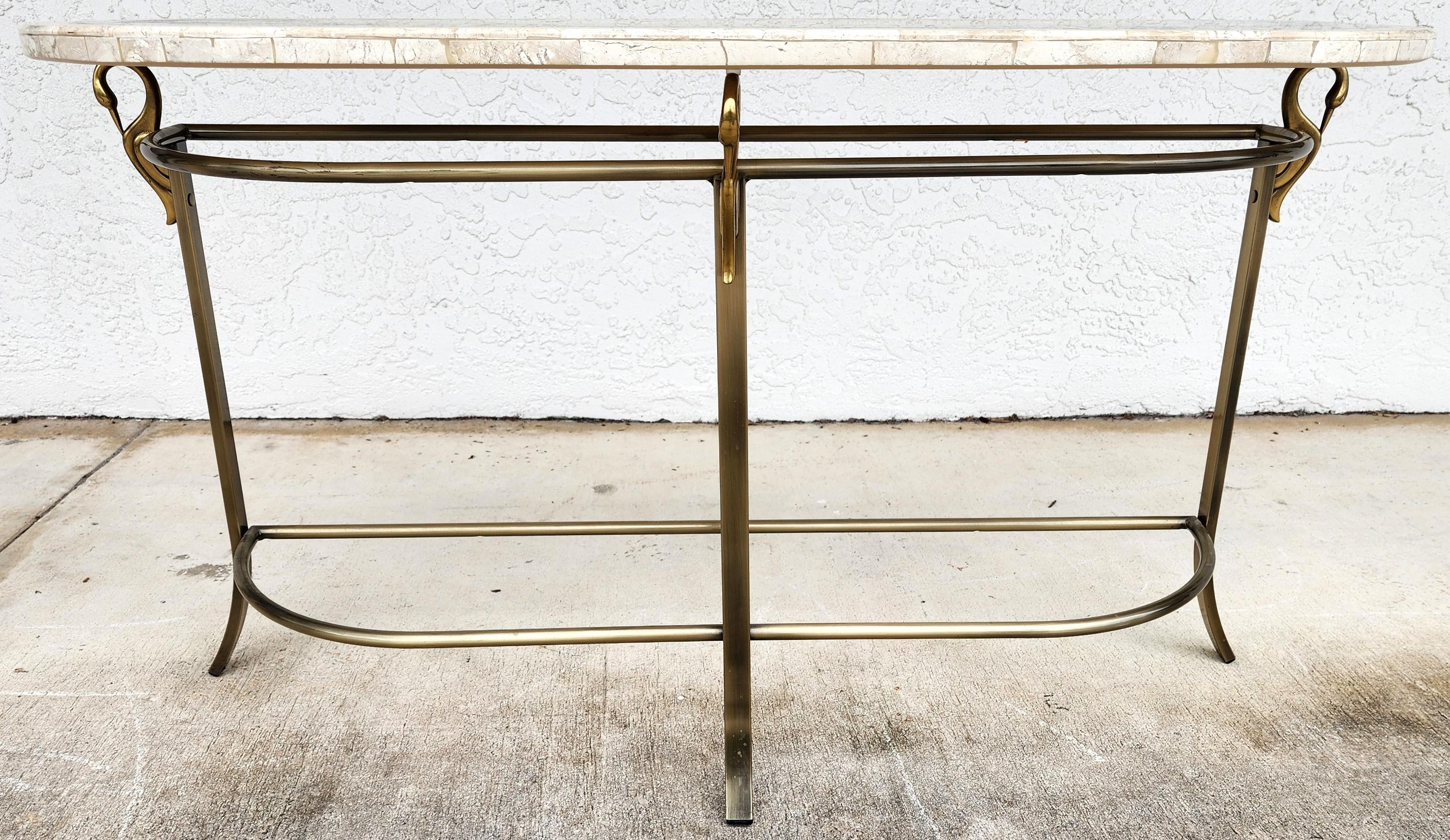 Metal Regency Console Table Brass Swans Inlaid Onyx For Sale
