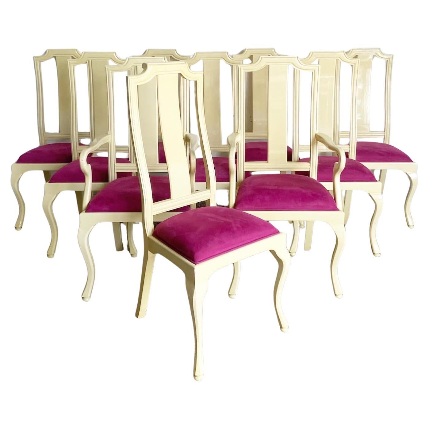 Regency Cream Lacquered and Dark Pink Dining Chairs - Set of 10