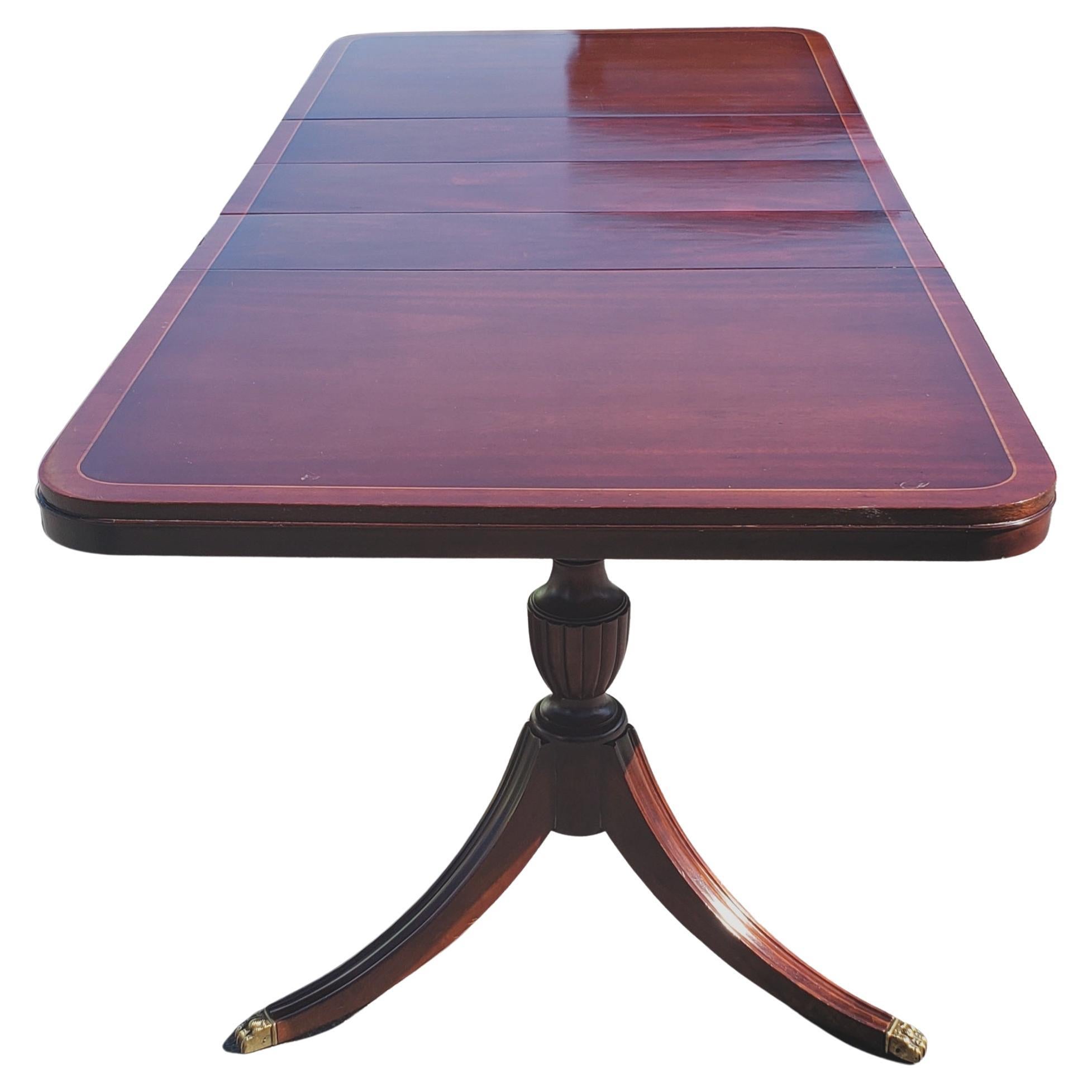Regency Crossbanded Mahogany Satinwood Double Pedestal Extension Dining Table For Sale 3