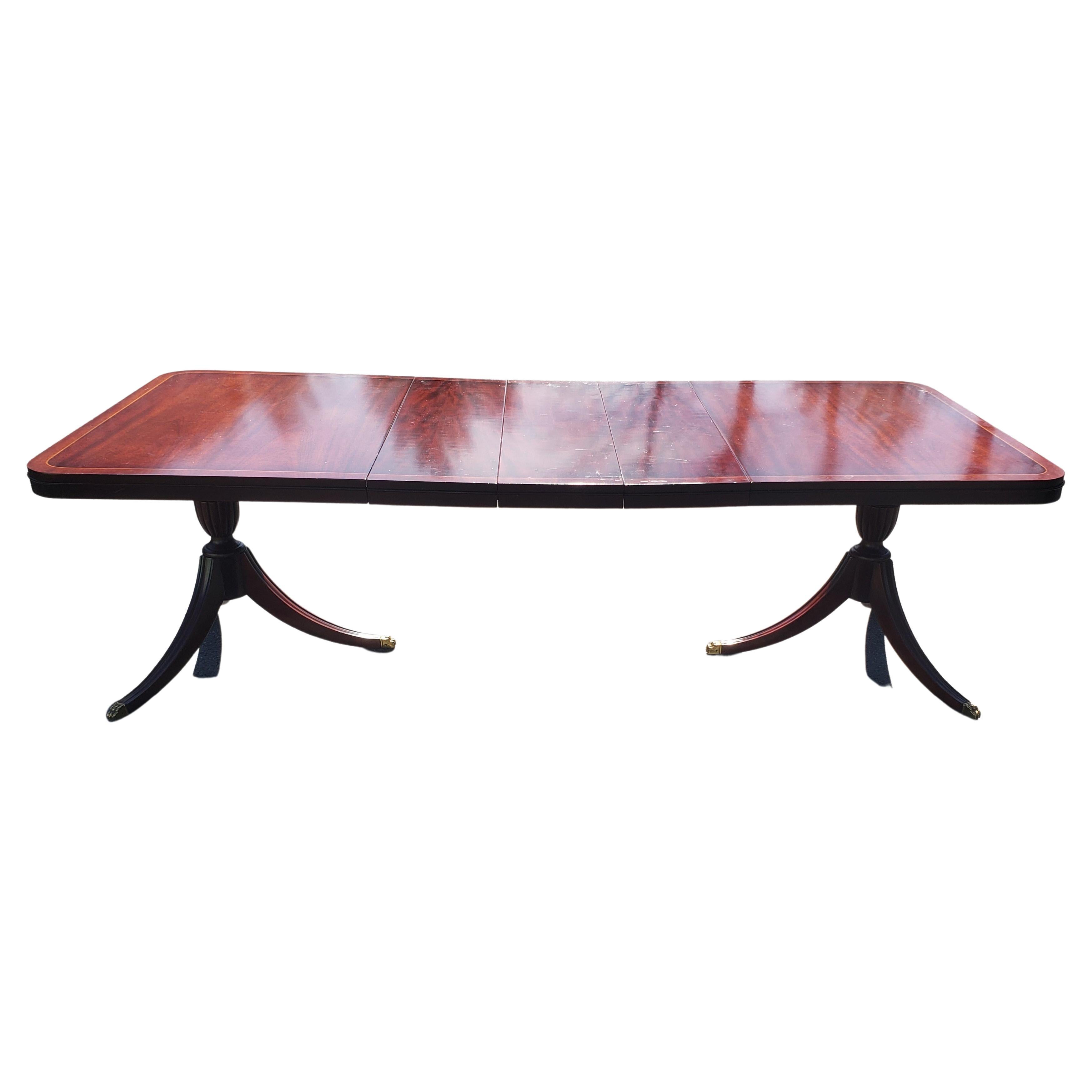 Inlay Regency Crossbanded Mahogany Satinwood Double Pedestal Extension Dining Table For Sale