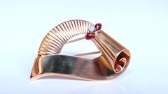 Regency Deco Ruby Diamond Swirl Brooch Pin 14kt 12533*
