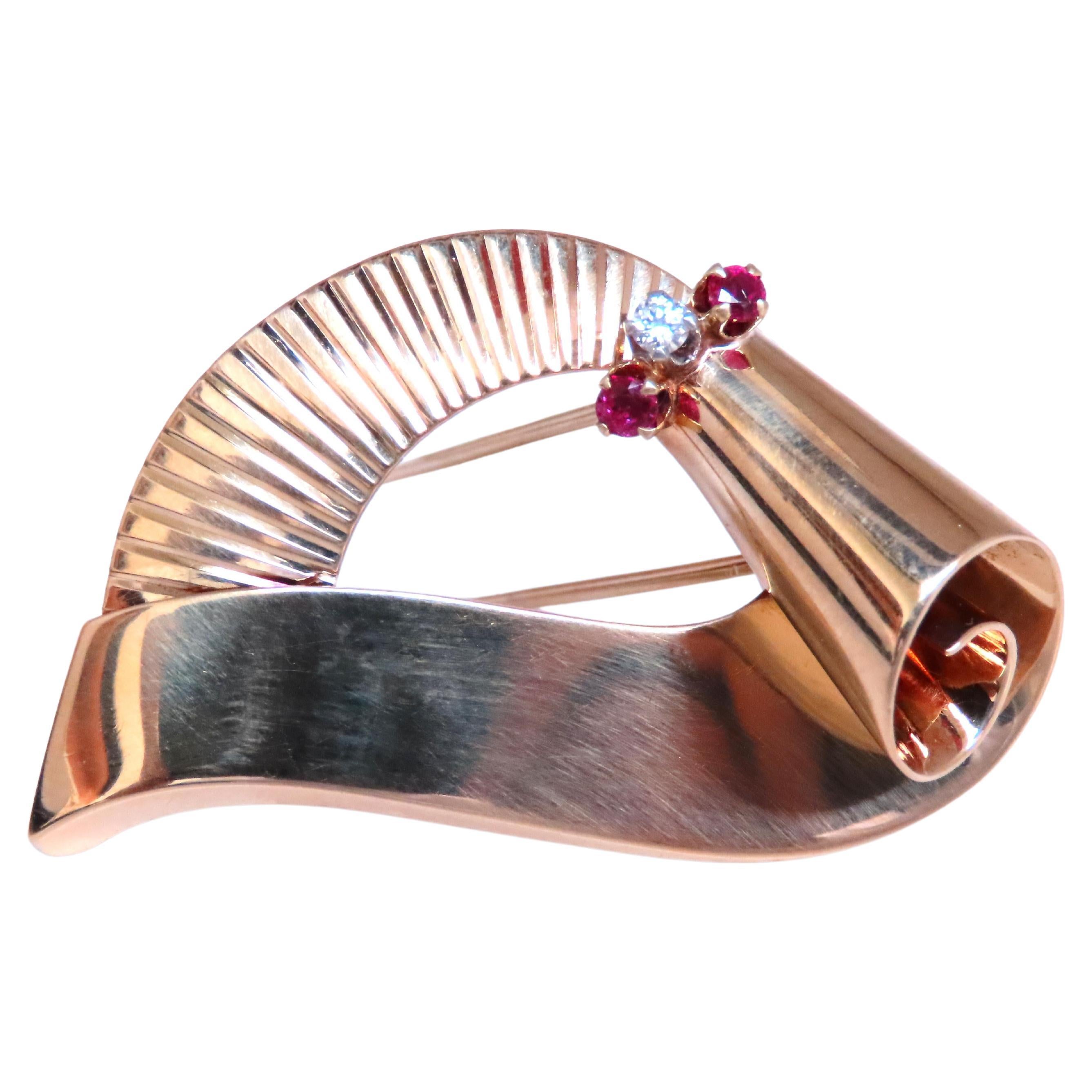 Regency Deco Ruby Diamond Swirl Brooch Pin 14kt 12533