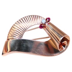 Regency Deco Ruby Diamond Swirl Brooch Pin 14kt 12533*