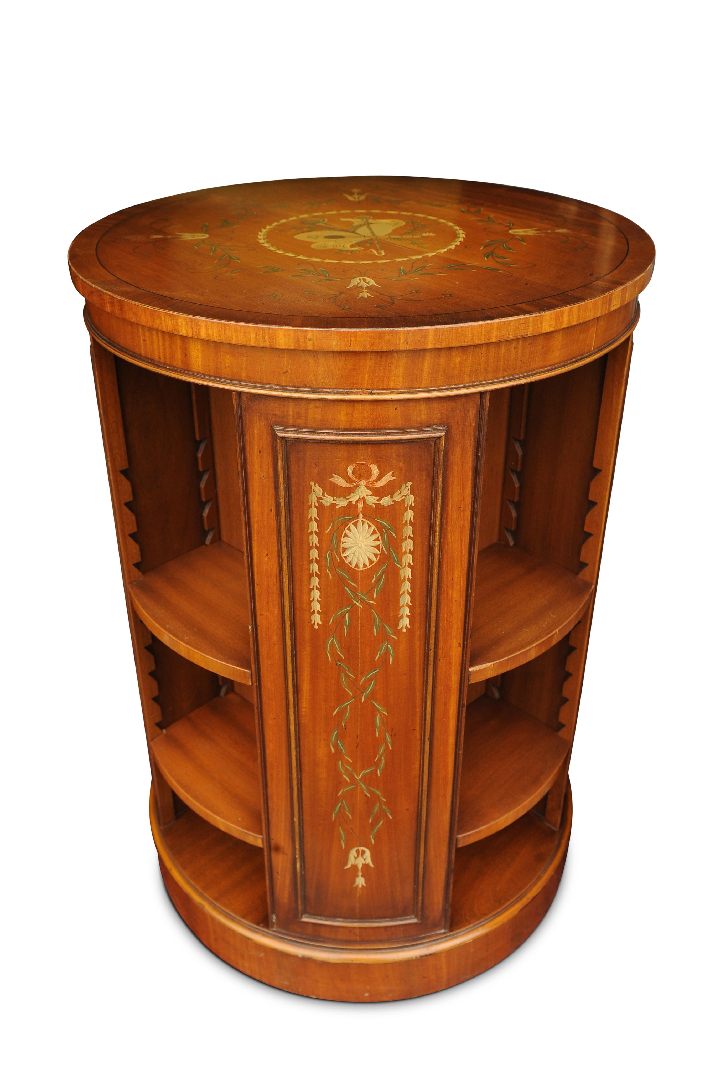 English Regency Design Robert Adams Revolving Drum Bookcase With Floral Motiffs For Sale