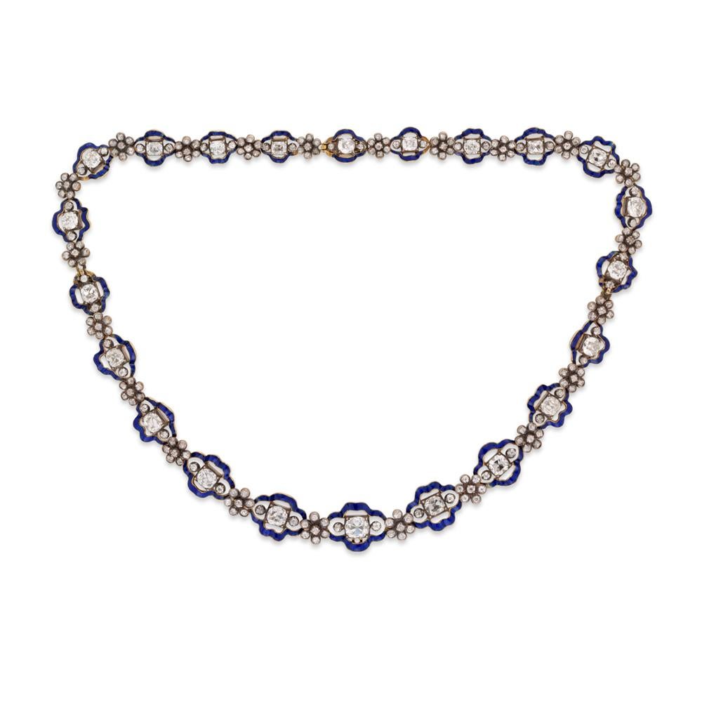 Regency Diamant-Blau-Emaille-Cluster-Halskette (Georgian) im Angebot