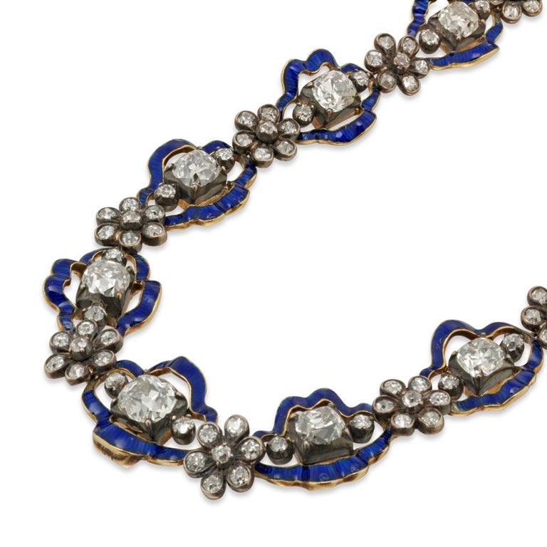 Regency Diamond Blue Enamel Cluster Necklace In Good Condition For Sale In London, GB