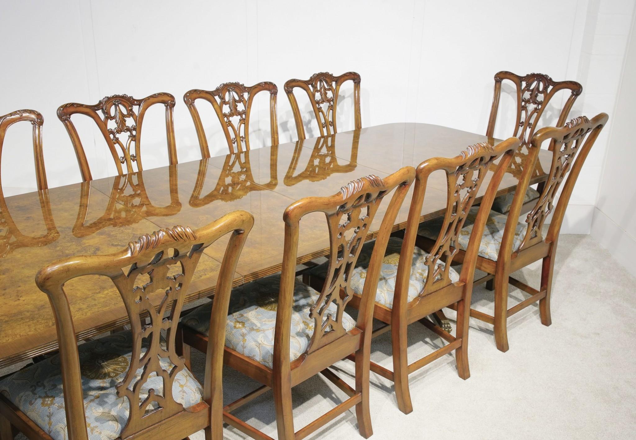 Sumptuous dining set in the form of a Regency revival pedestal table and set of ten matching chairs
The set of ten chairs are in the Chippendale manner - very solid and comfortable to sit in
The finish to the walnut is glorious with a delighful burr