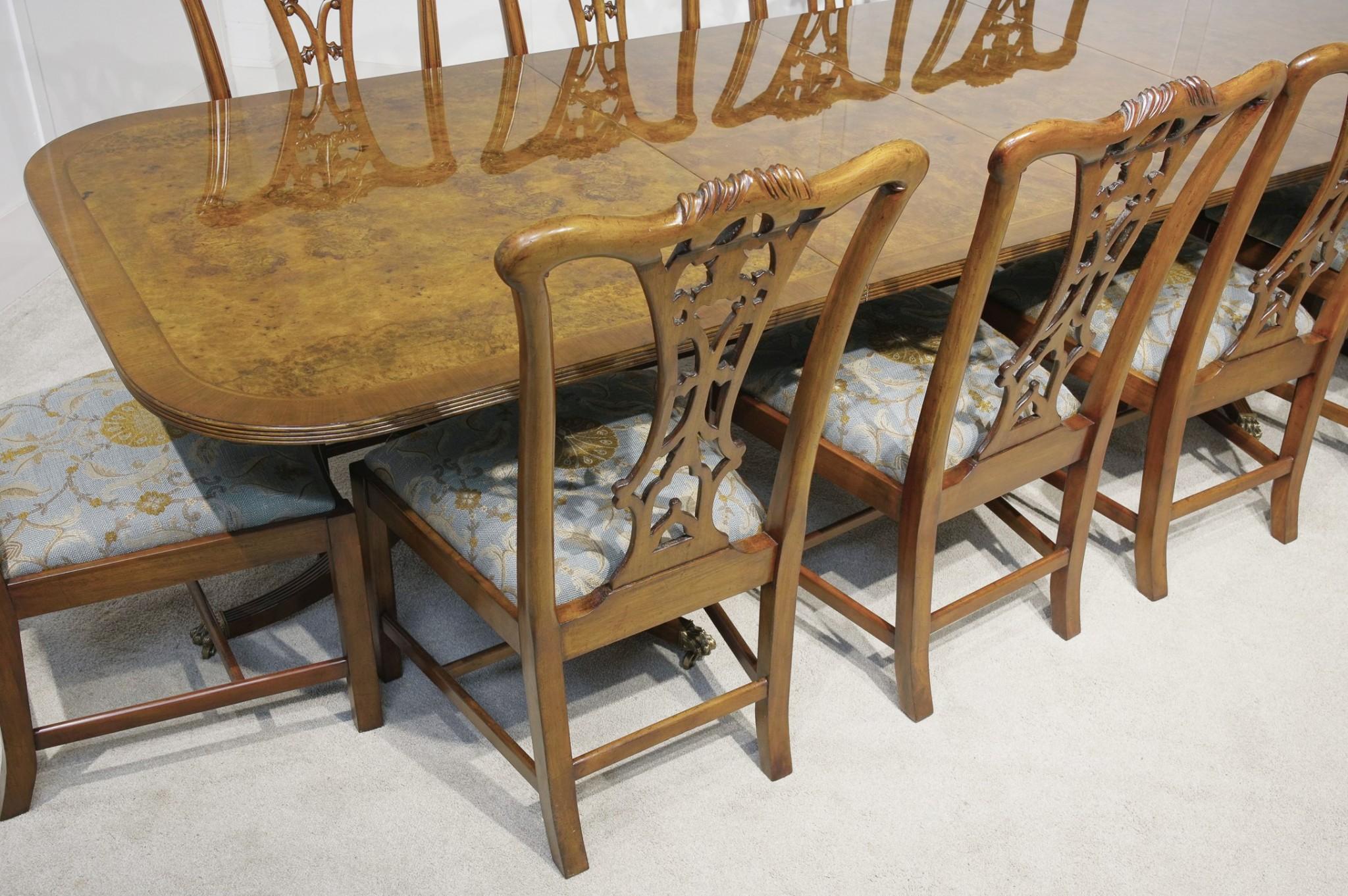 Late 20th Century Regency Dining Table Set Chippendale Chairs Walnut For Sale