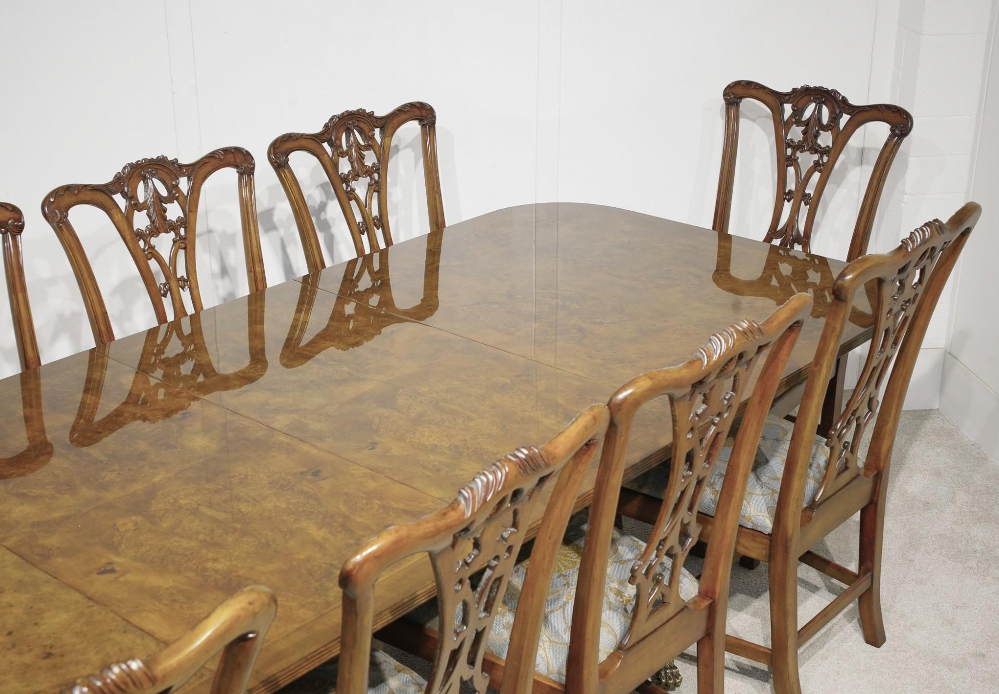 Regency Dining Table Set Chippendale Chairs Walnut For Sale 2