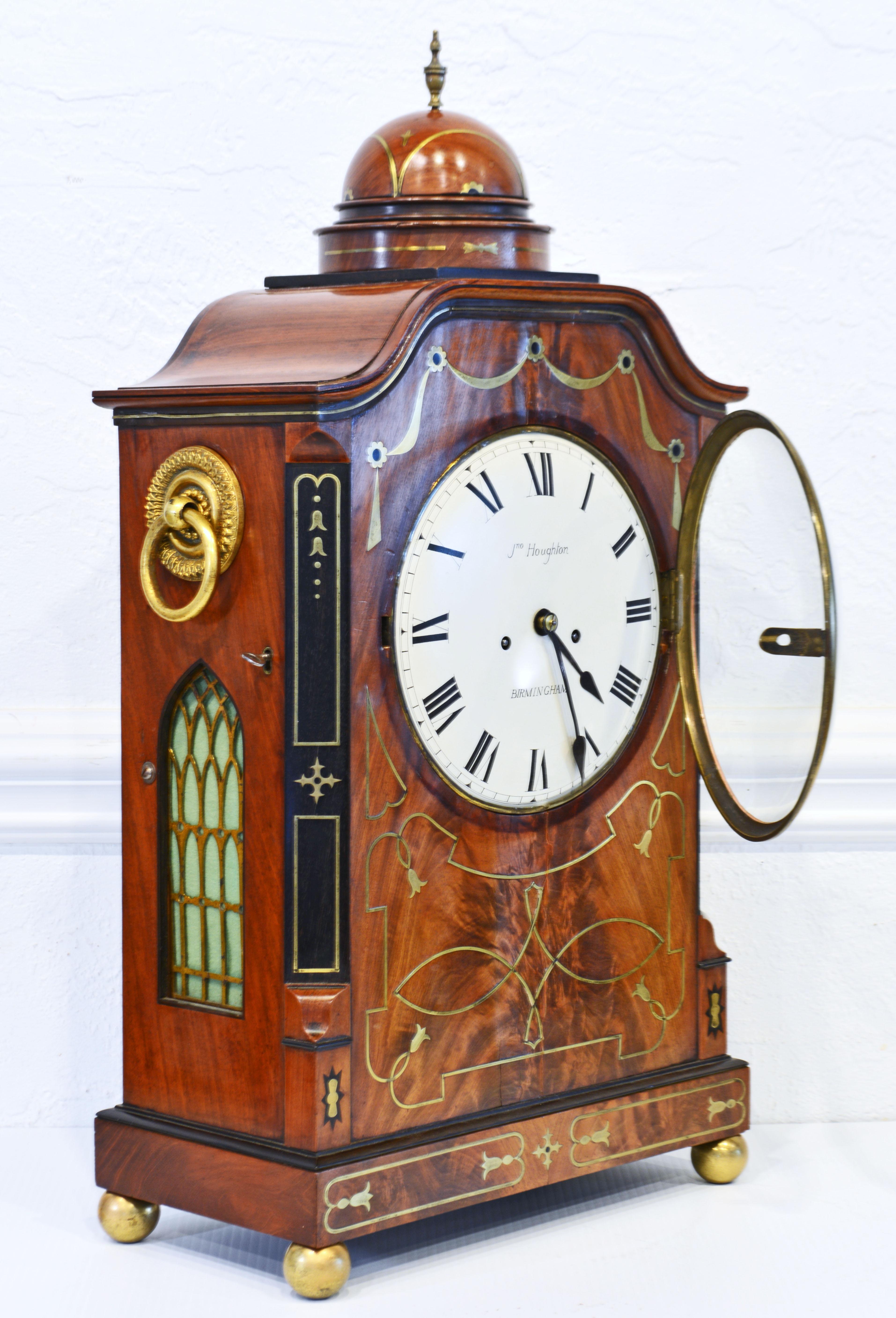English Regency Domed and Brass Inlaid Mantel Clock by Houghton Birmingham, Circa 1830