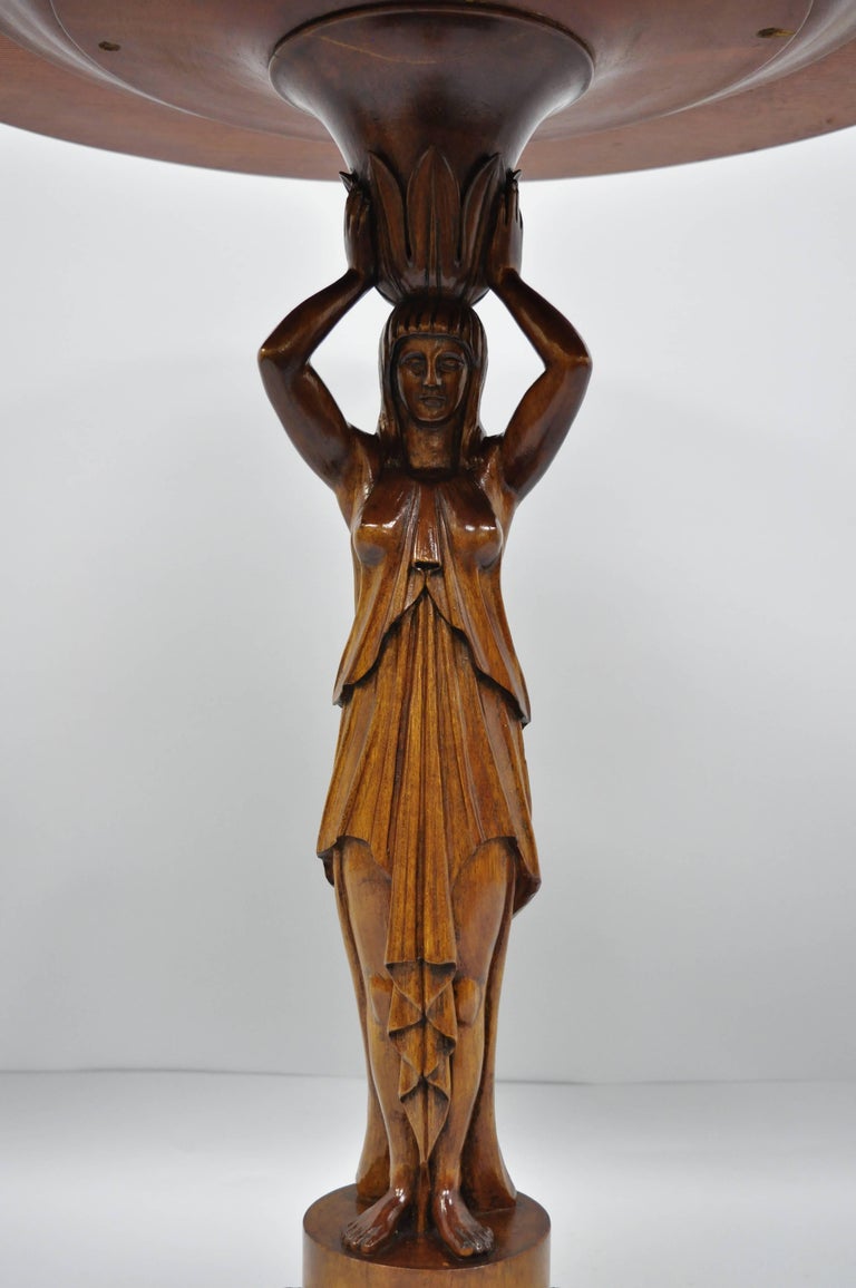 Regency Empire Revival Figural Carved Woman Pedestal Burl Wood Center