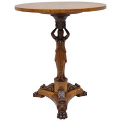 Table centrale Regency Empire Revival Figural Woman Carved Pedestal Burl Wood Center Table