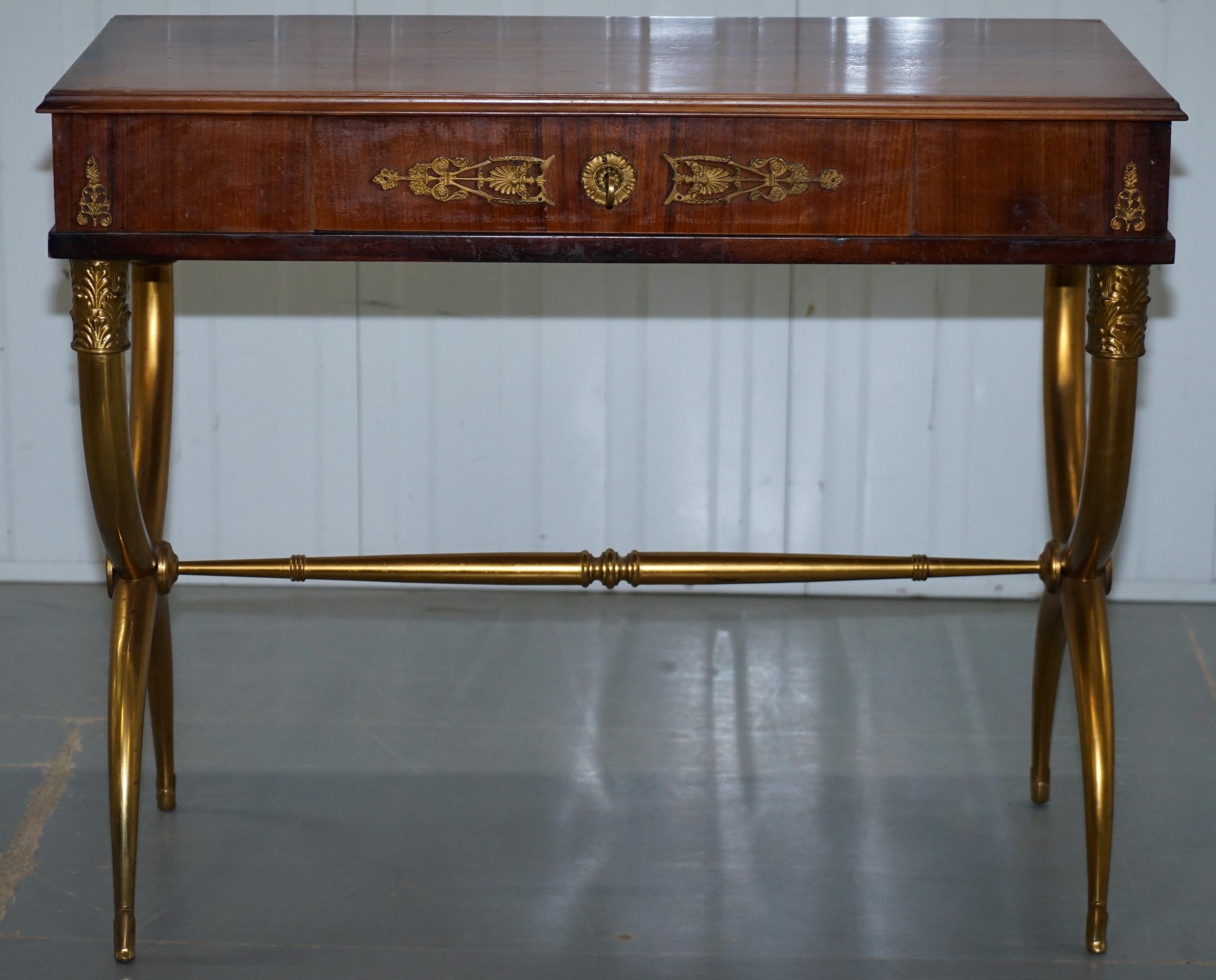 French Regency Empire Style Neoclassical Writing Console Table with Brass Sculpted Legs