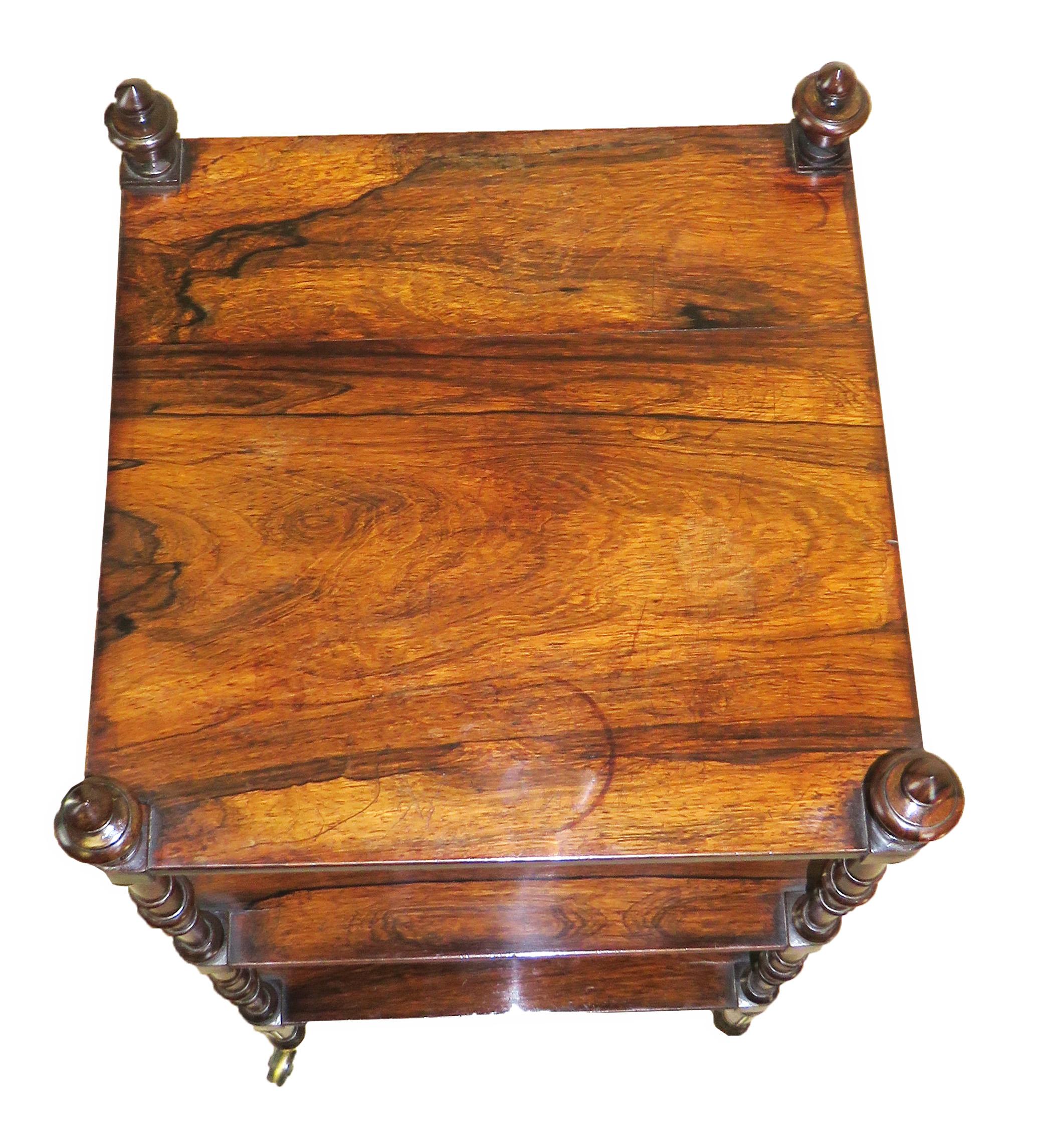 A fine quality English regency period rosewood
Whatnot, or etage, having three well figured
Tiers united by elegant turned upright supports
With acorn finials and turned legs with
Original brass castors

(Many different forms of these