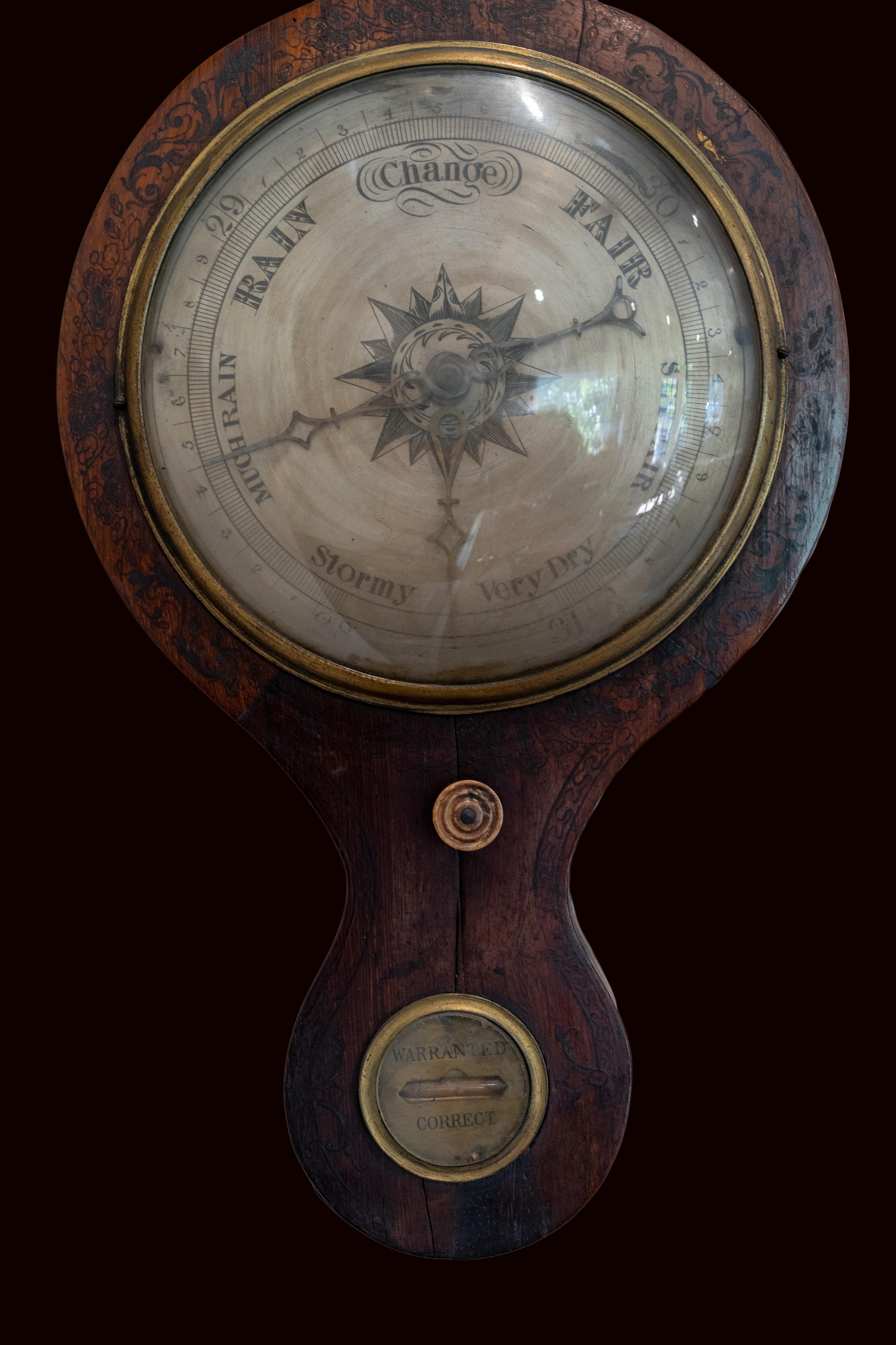 Hand-Painted Regency English Black Painted Rosewood Banjo Barometer Circa 1800 For Sale