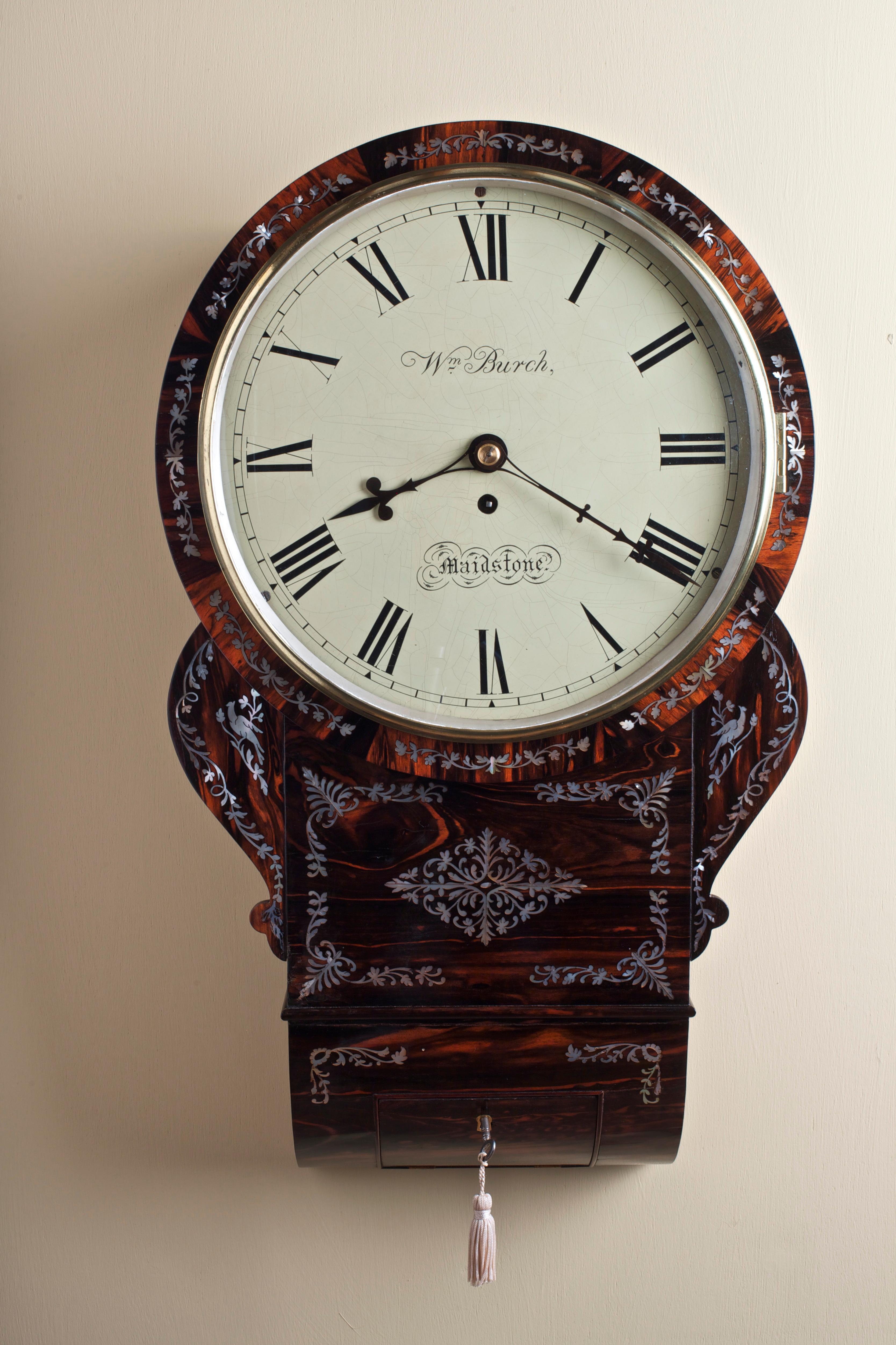 Mid-19th Century Regency English Coromandel Drop Dial Wall Clock by William Burch, Maidstone For Sale