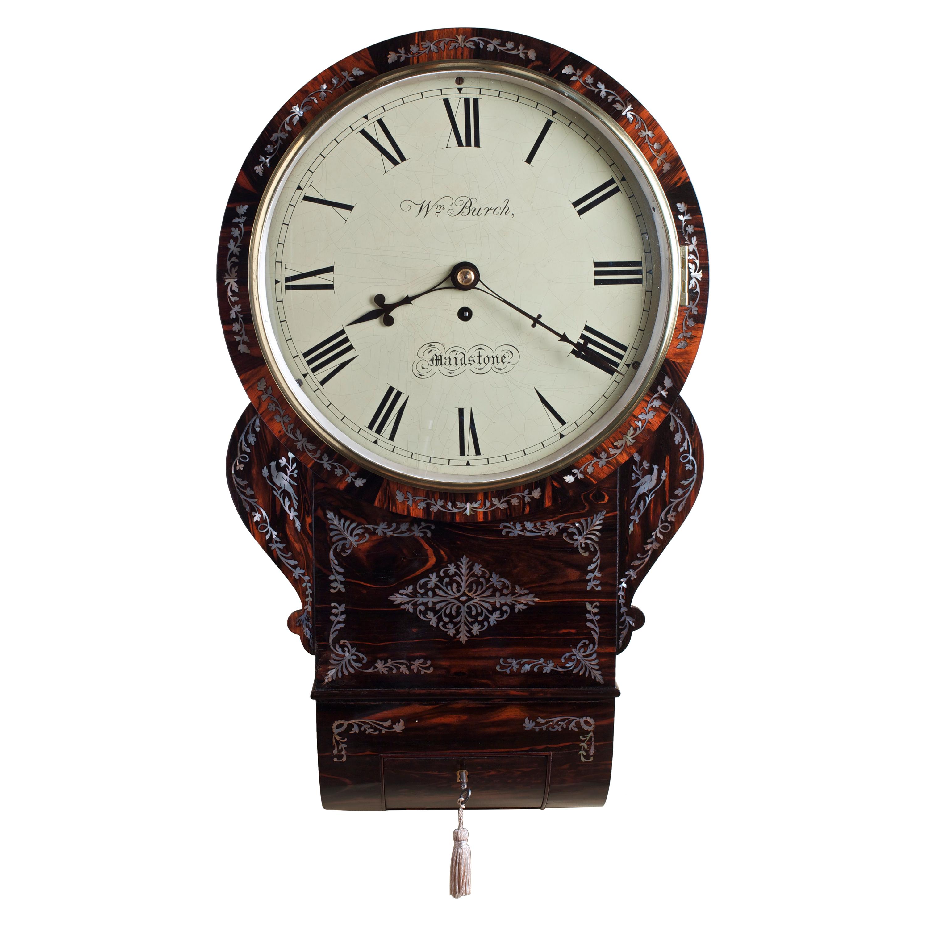 Regency English Coromandel Drop Dial Wall Clock by William Burch, Maidstone