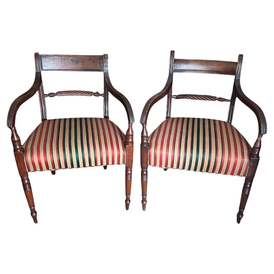 Regency English Mahogany Near Pair Elbow Armchairs.