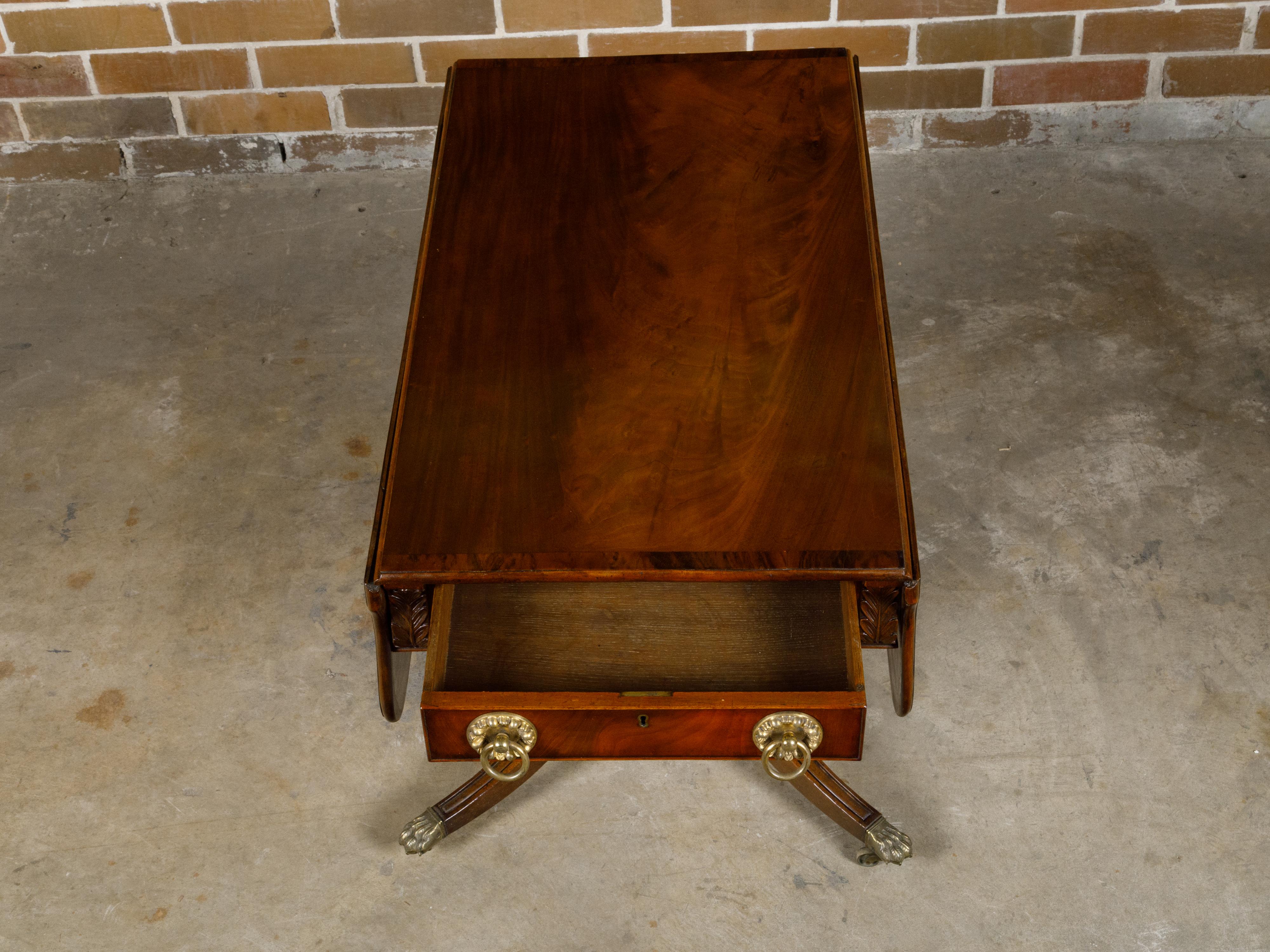 Regency English Mahogany Pembroke Table with Drawer, Quadripod Base, Lion Feet For Sale 5
