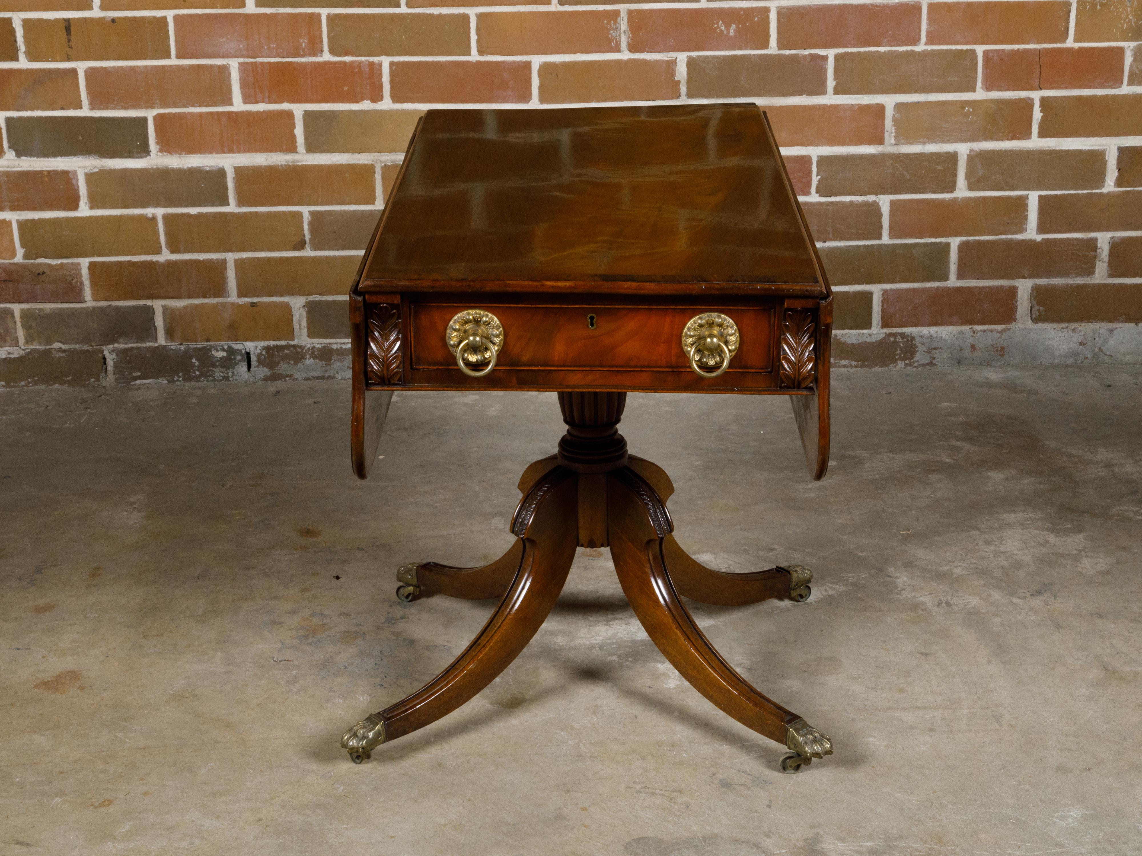 Regency English Mahogany Pembroke Table with Drawer, Quadripod Base, Lion Feet For Sale 6