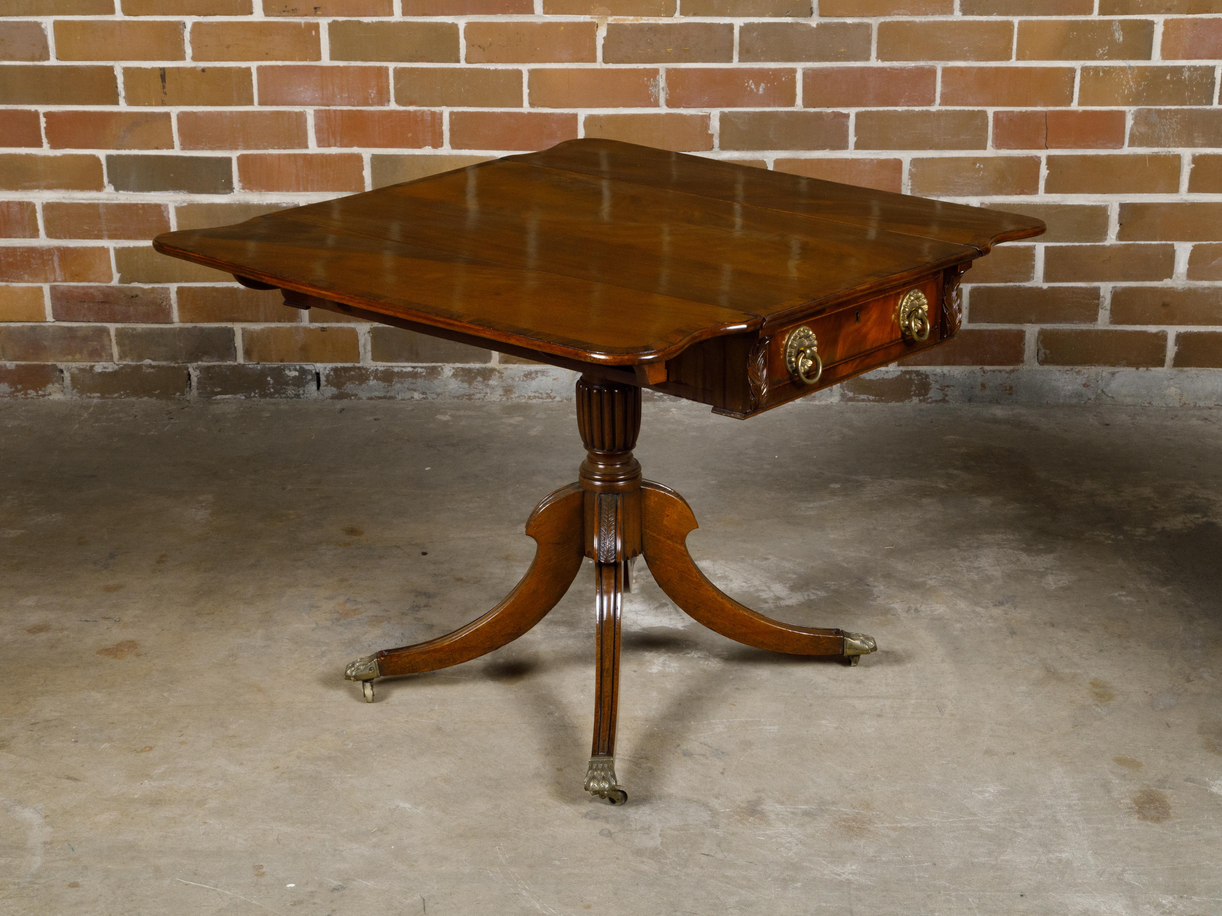 Regency English Mahogany Pembroke Table with Drawer, Quadripod Base, Lion Feet For Sale 11