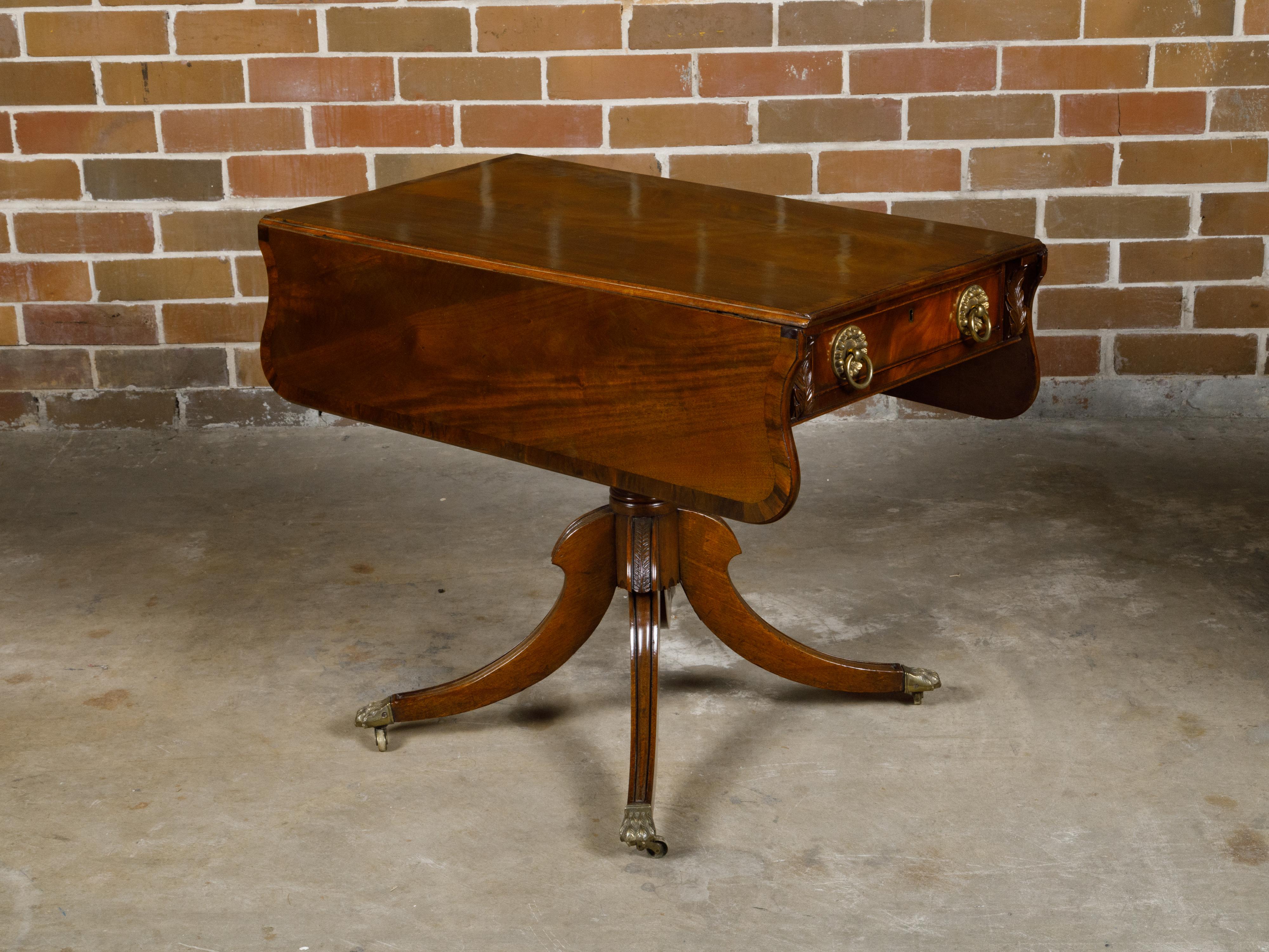 Regency English Mahogany Pembroke Table with Drawer, Quadripod Base, Lion Feet For Sale 12