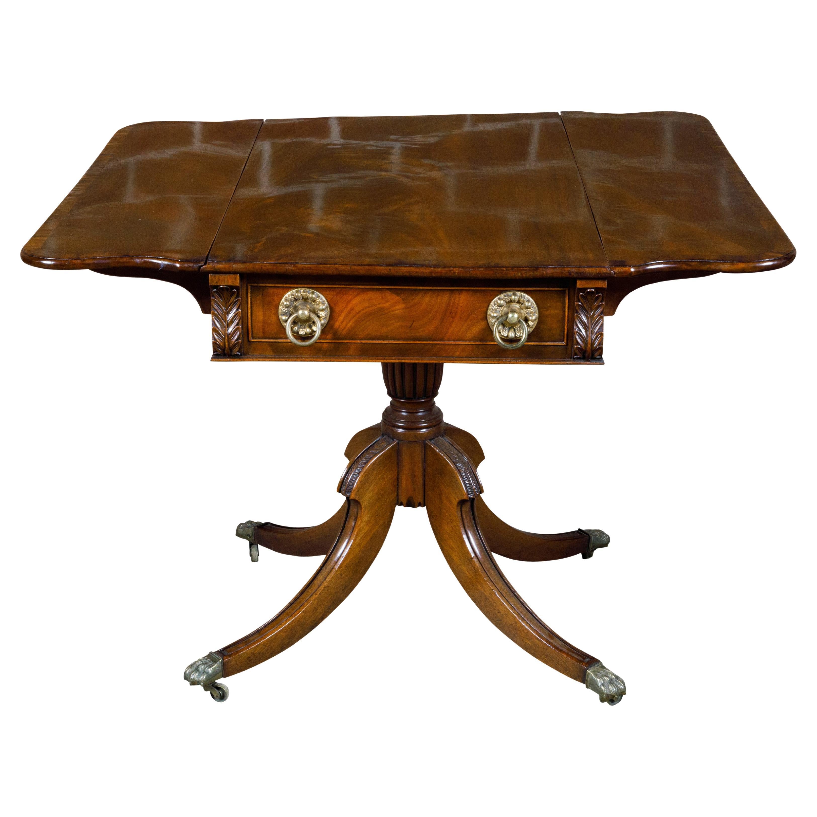 Regency English Mahogany Pembroke Table with Drawer, Quadripod Base, Lion Feet For Sale