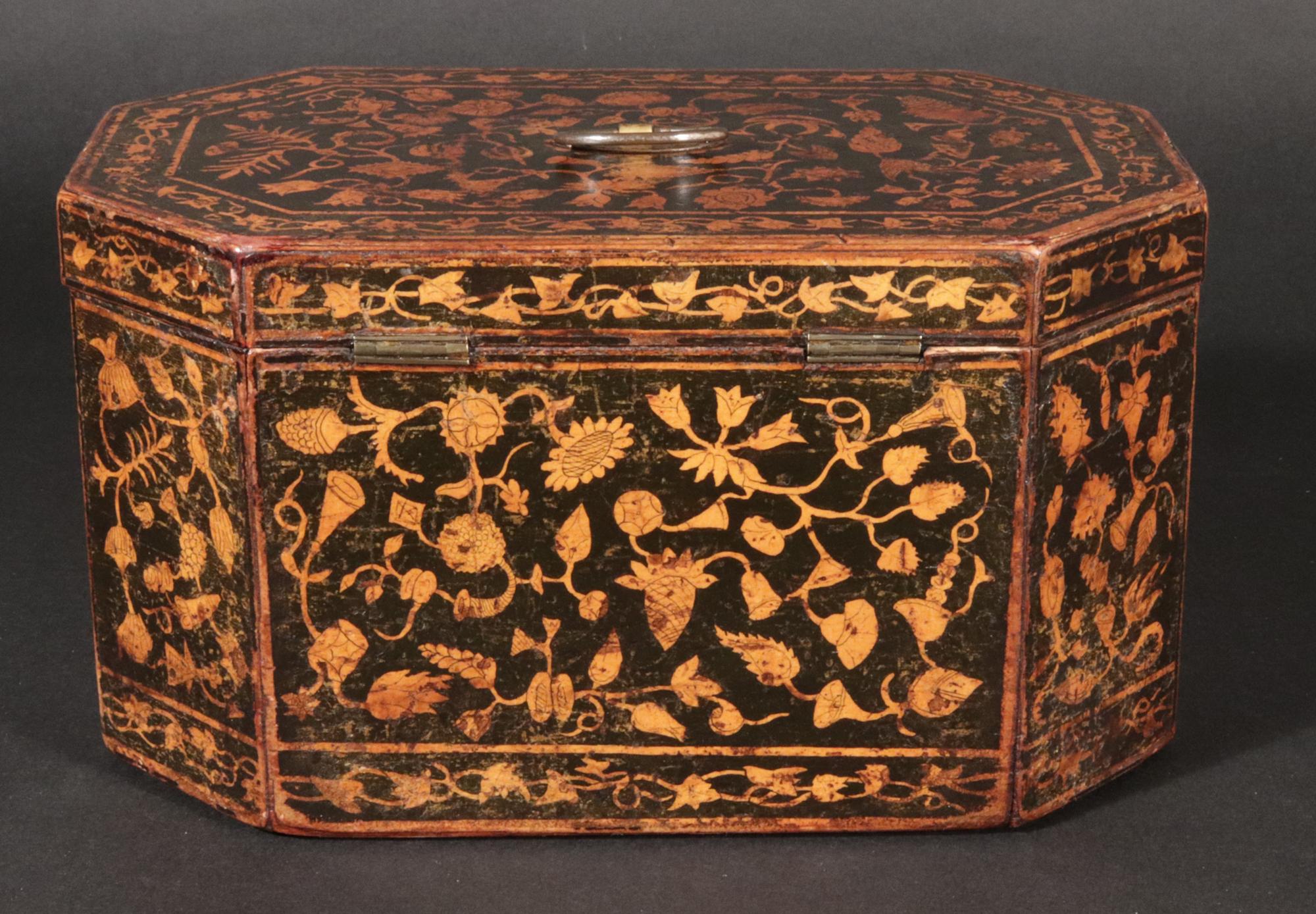 Caja de Té Doble de Penwork Inglés de la Regencia Madera en venta