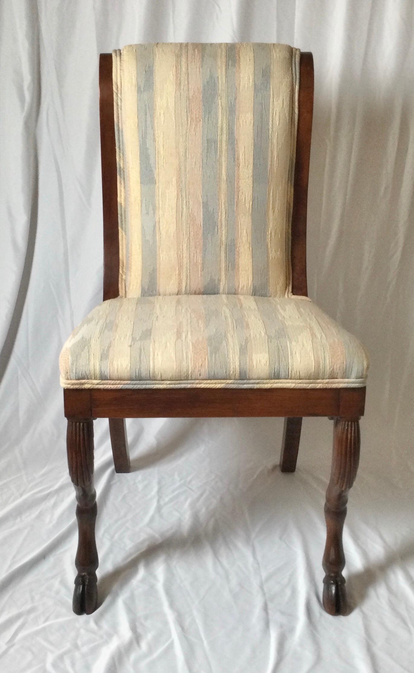 Regency era side chair with goat hoof front legs. Newer upholstery with rosewood. 18