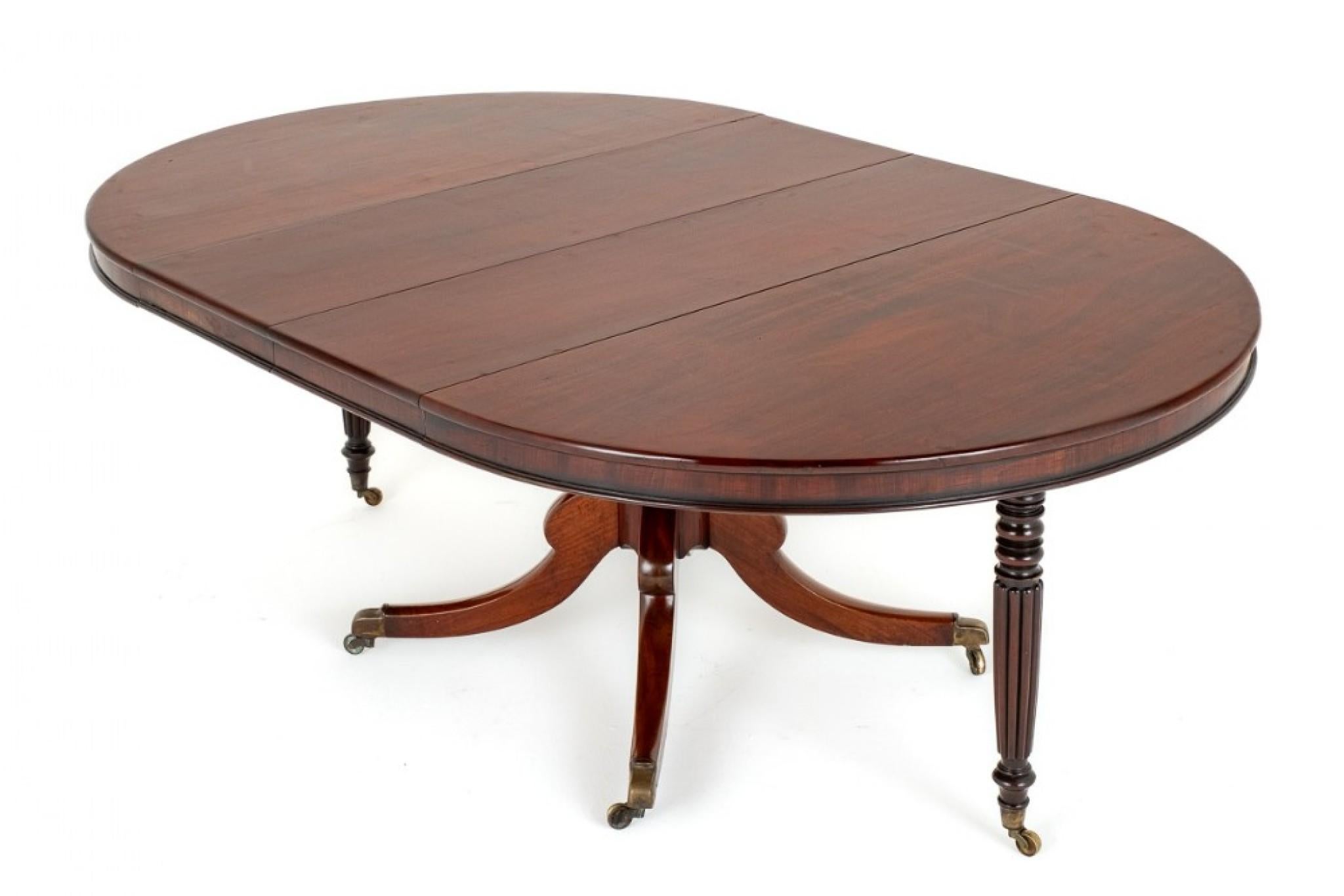 Regency Mahogany Circular Extending Dining Table.
Period Regency
This Quality Table is Raised upon a Typical Regency Base
Comprising of Elegant Swept Legs with Original Castors and a Ring Turned Column.
The Table Extends by way of a Telescopic