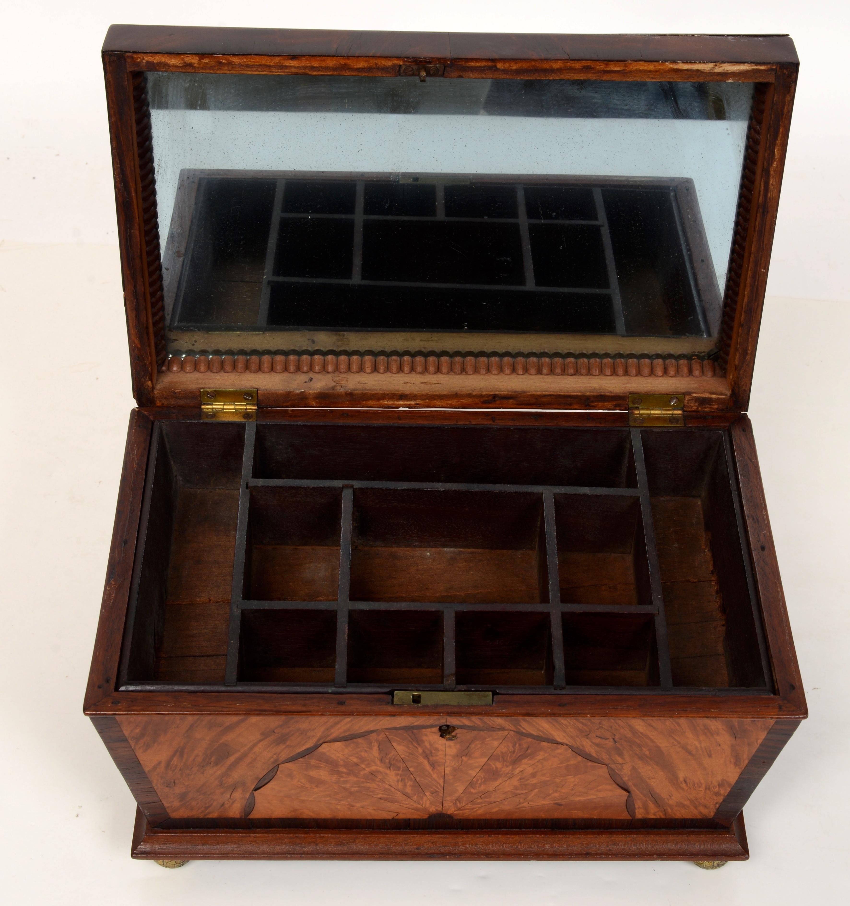 19th Century Regency Fan Inlaid Jewelry Box With Fitted Interior and Mirrored Lid, c1810 For Sale