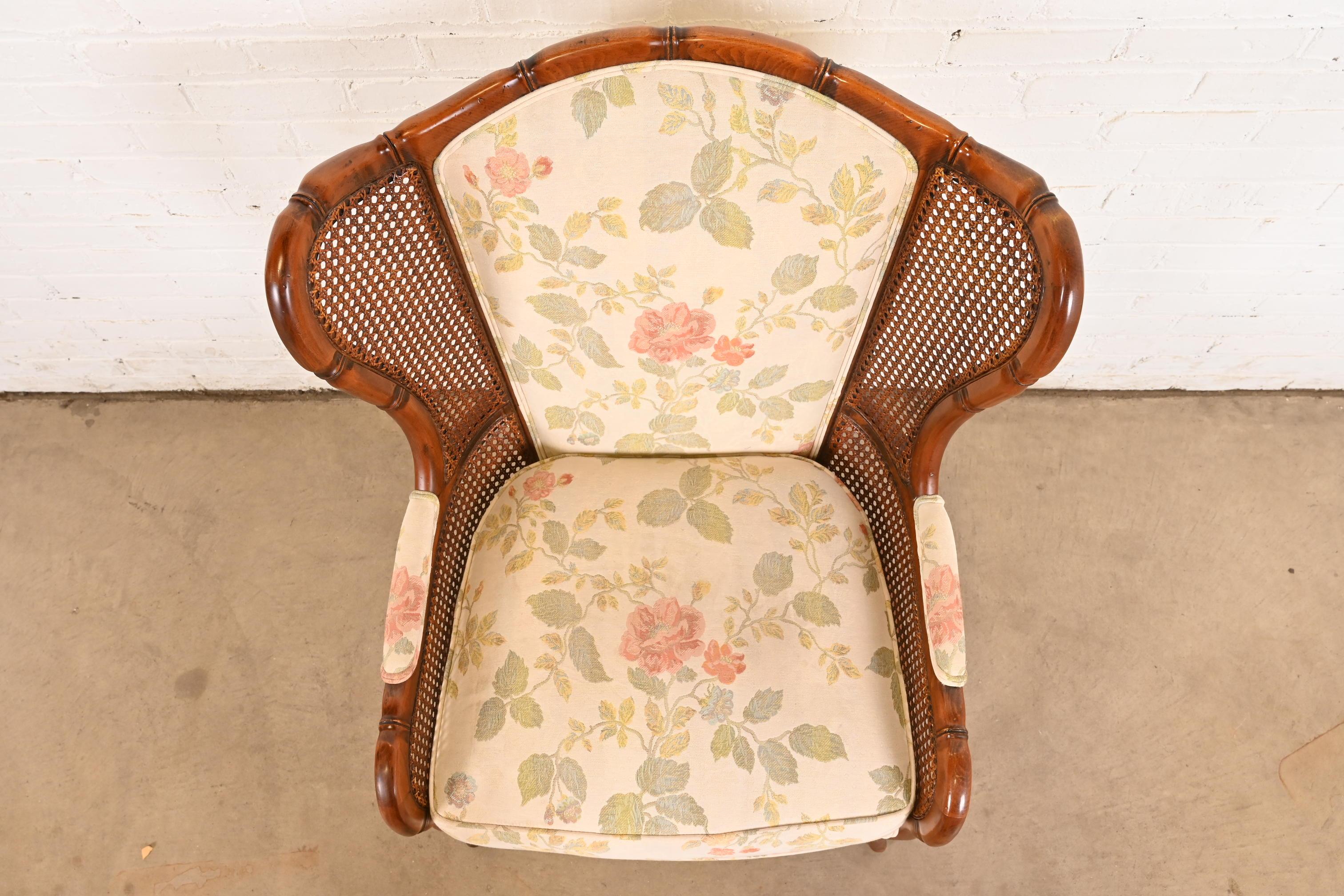Upholstery Regency Faux Bamboo and Cane Wingback Upholstered Lounge Chair For Sale