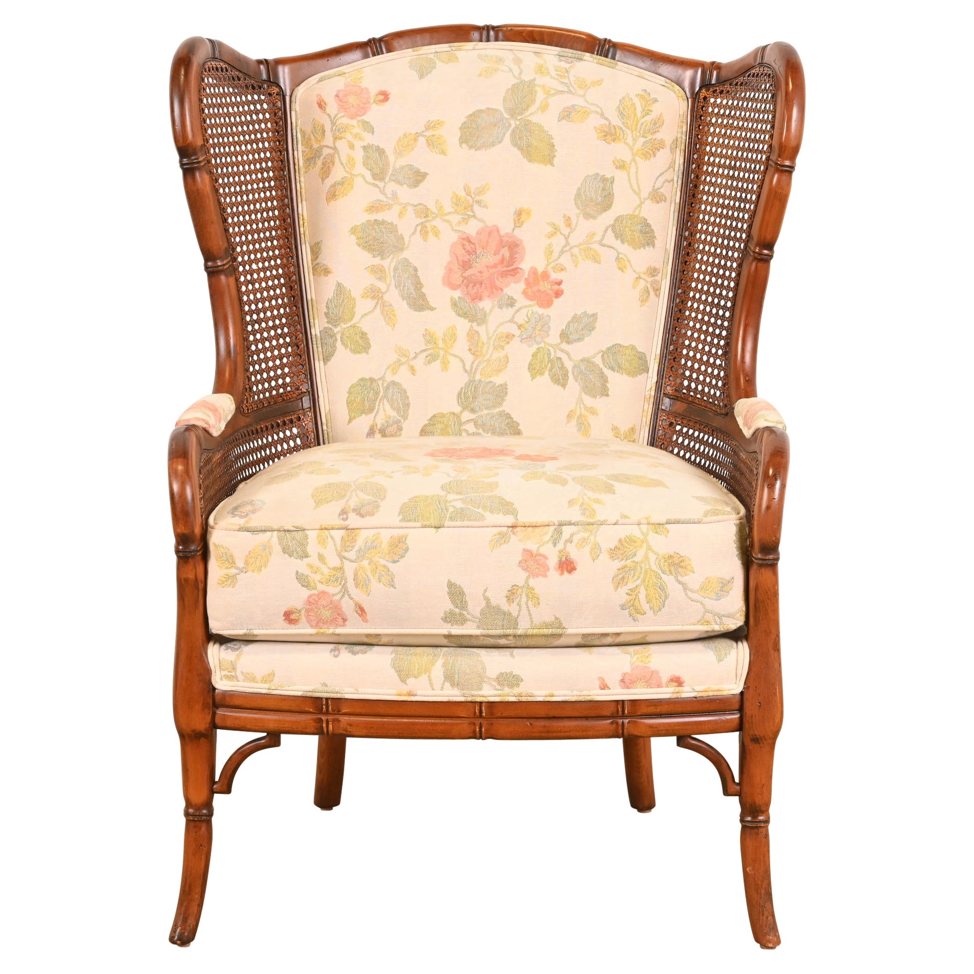 Regency Faux Bamboo and Cane Wingback Upholstered Lounge Chair