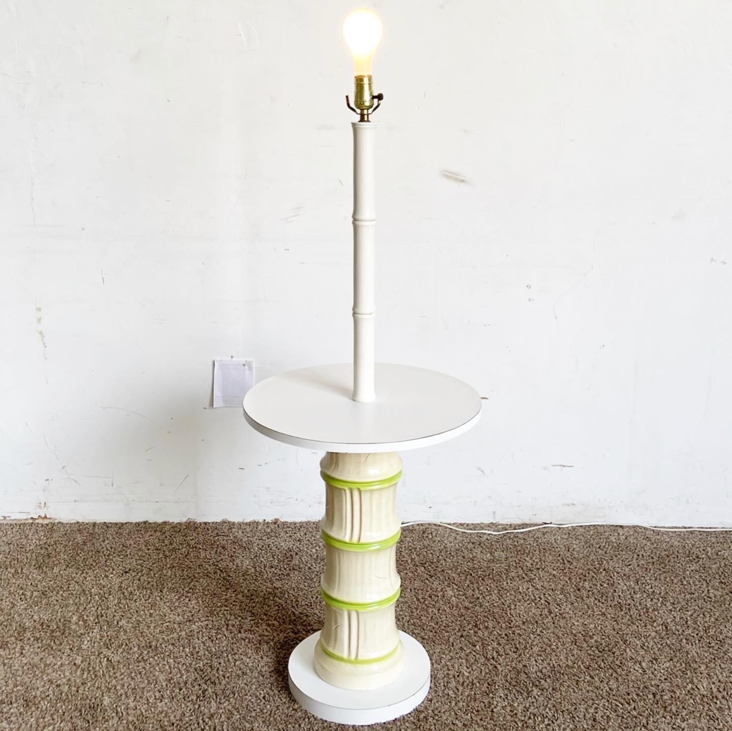Regency Faux Bamboo Ceramic and Wood Floor Lamp/Side Table In Good Condition For Sale In Delray Beach, FL
