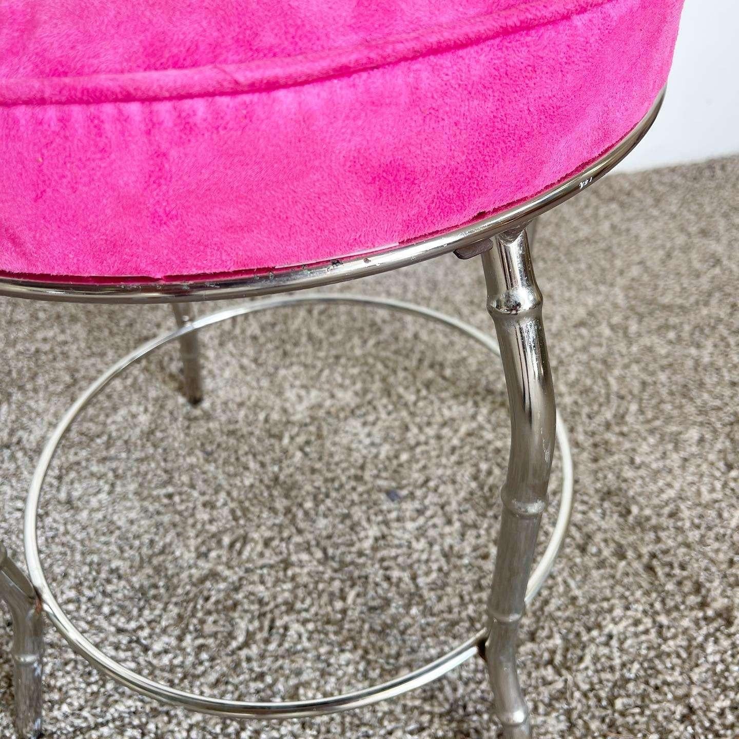 Regency Faux Bamboo Chrome and Pink Low Stool For Sale 4