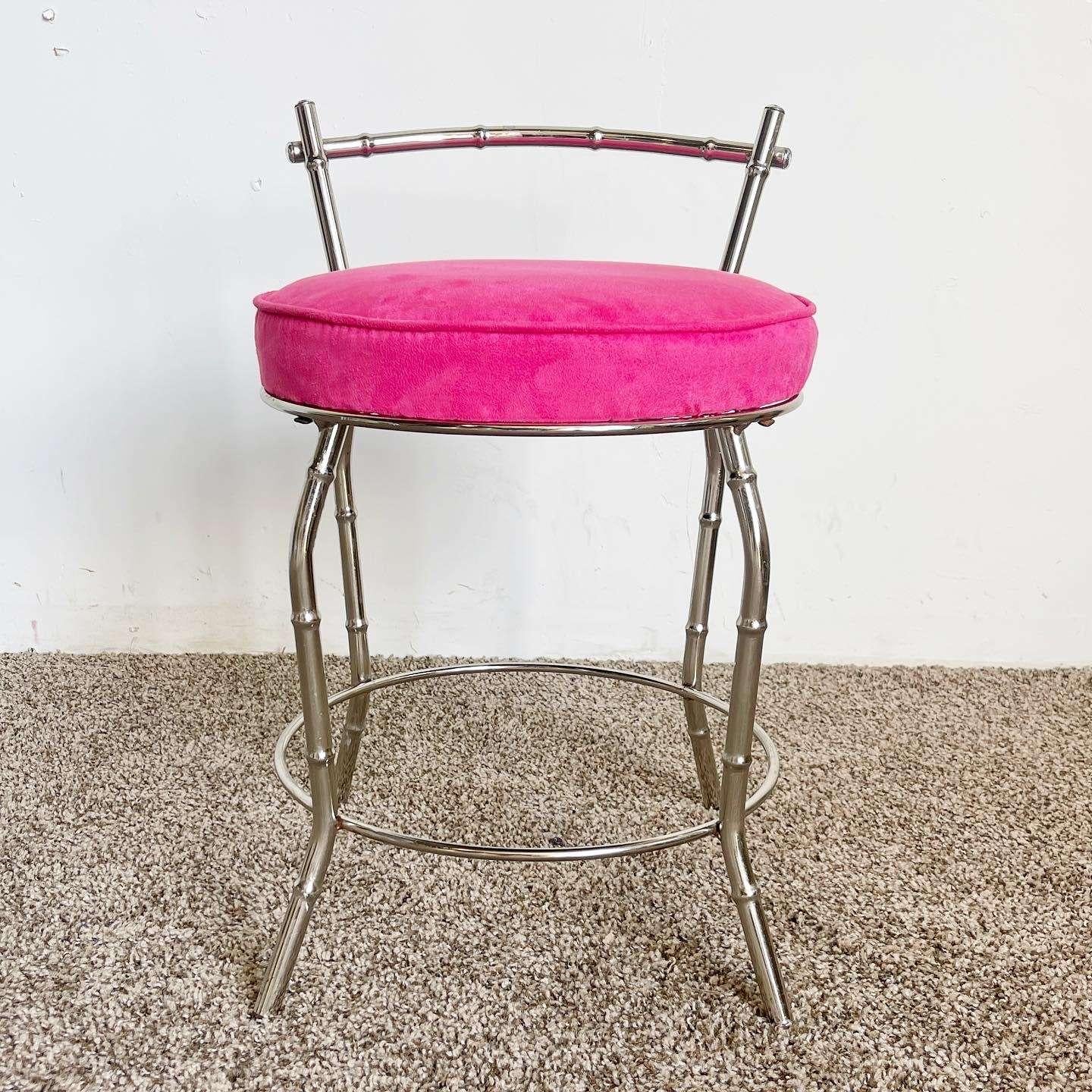 Incredible vintage regency faux bamboo chrome low stool. Features a circular newly upholstered seat cushion with piping.
