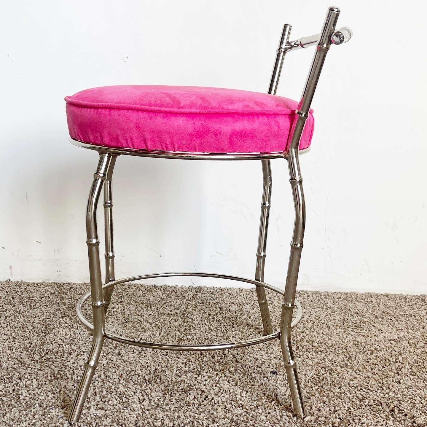 American Regency Faux Bamboo Chrome and Pink Low Stool